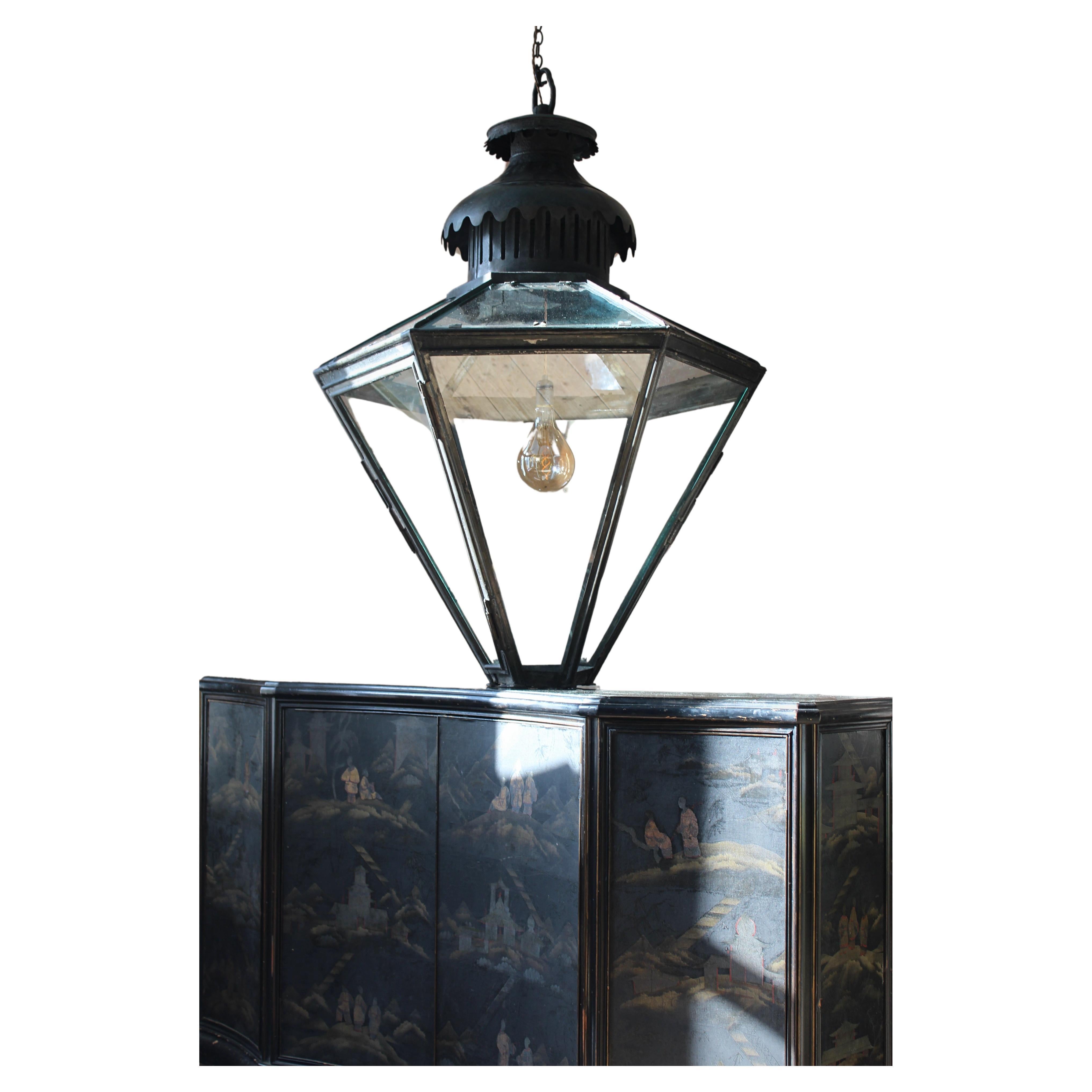 19th century Monumental Huge Copper Glazed Lantern Light Chandelier Verdigris 