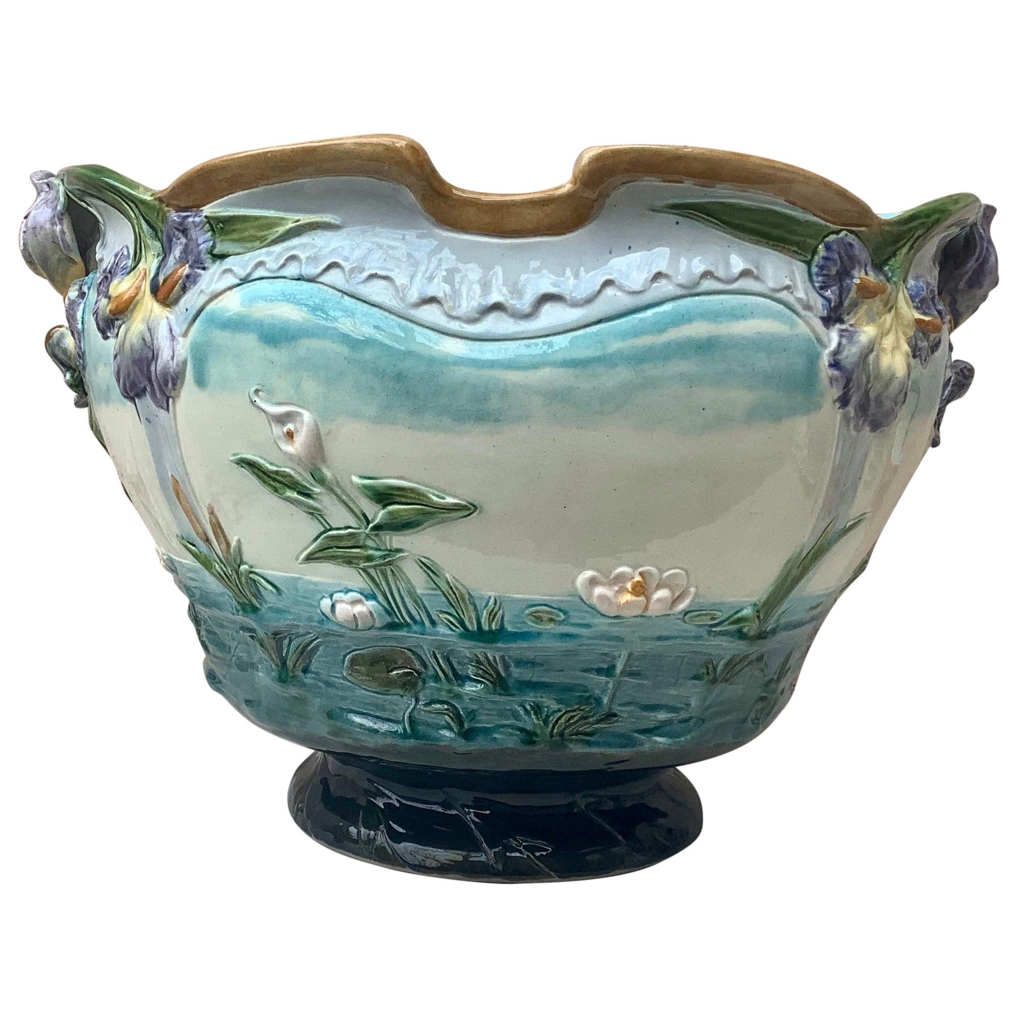 19th-Century Monumental Majolica Jardinière with Iris Luneville