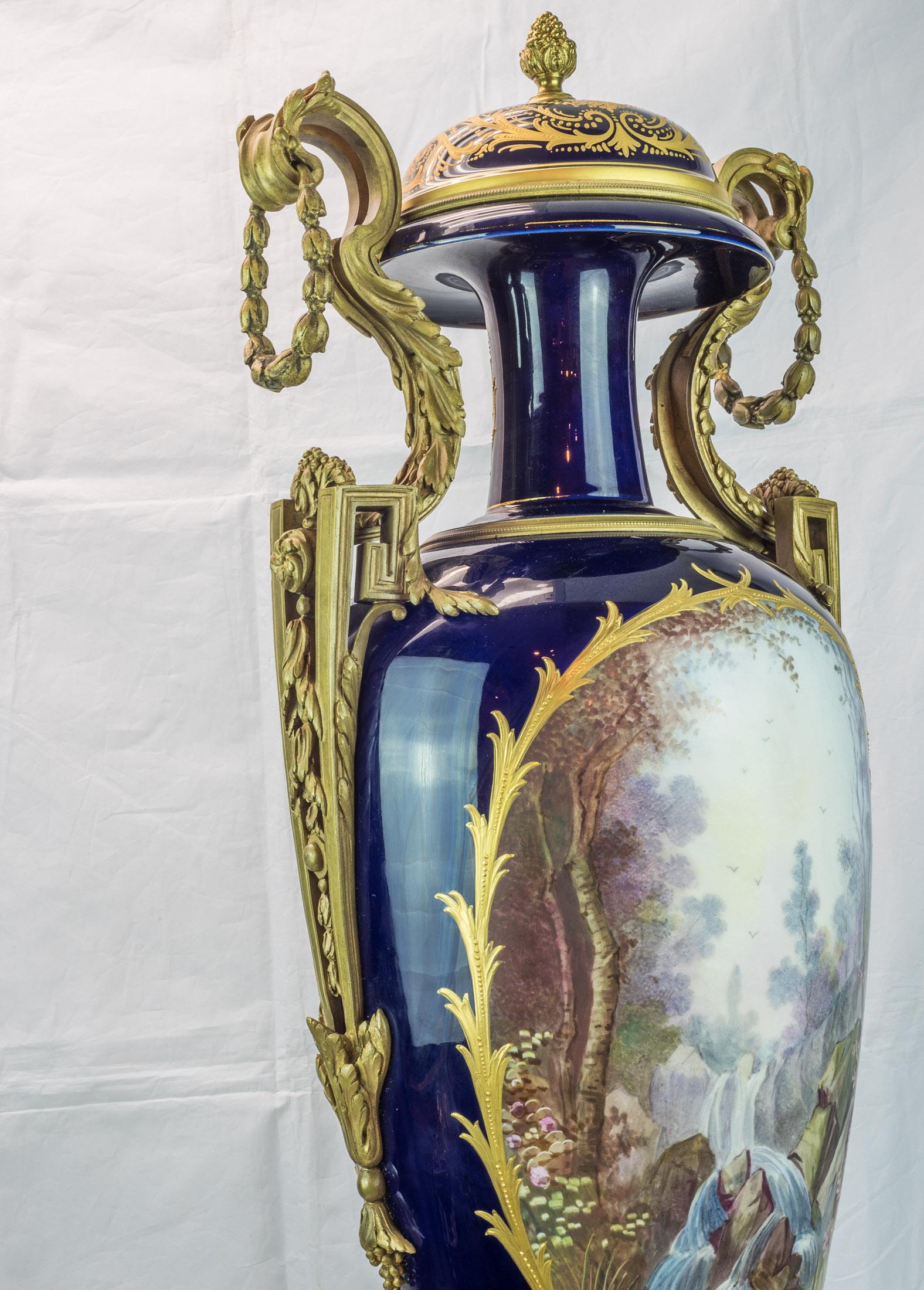 19th Century Monumental Pair of Sevres Style Ormolu Mounted Vases In Good Condition For Sale In New York, NY