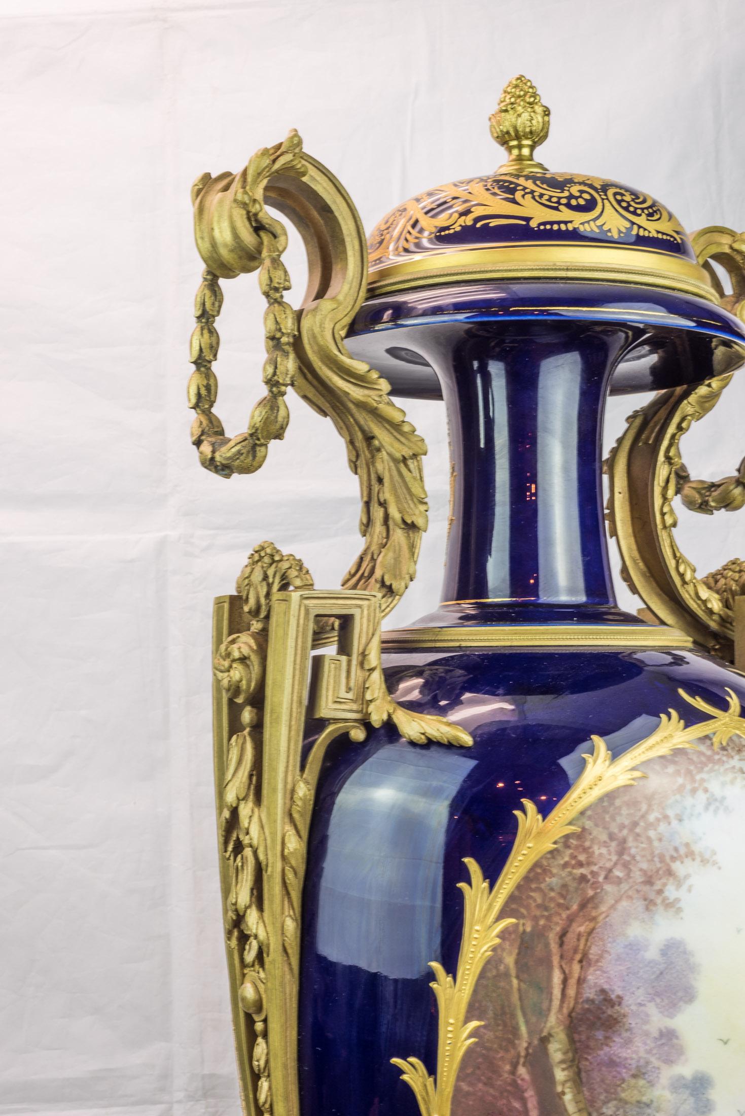 19th Century Monumental Pair of Sevres Style Ormolu Mounted Vases For Sale 1