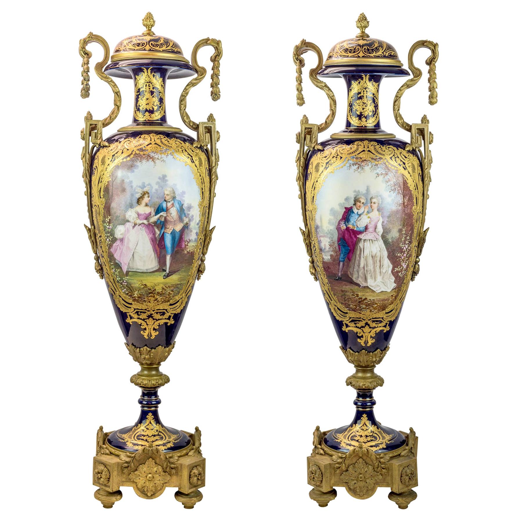 Antique Pair of French Ormolu Mounted Bleu Celeste Sèvres Vases, 19th ...