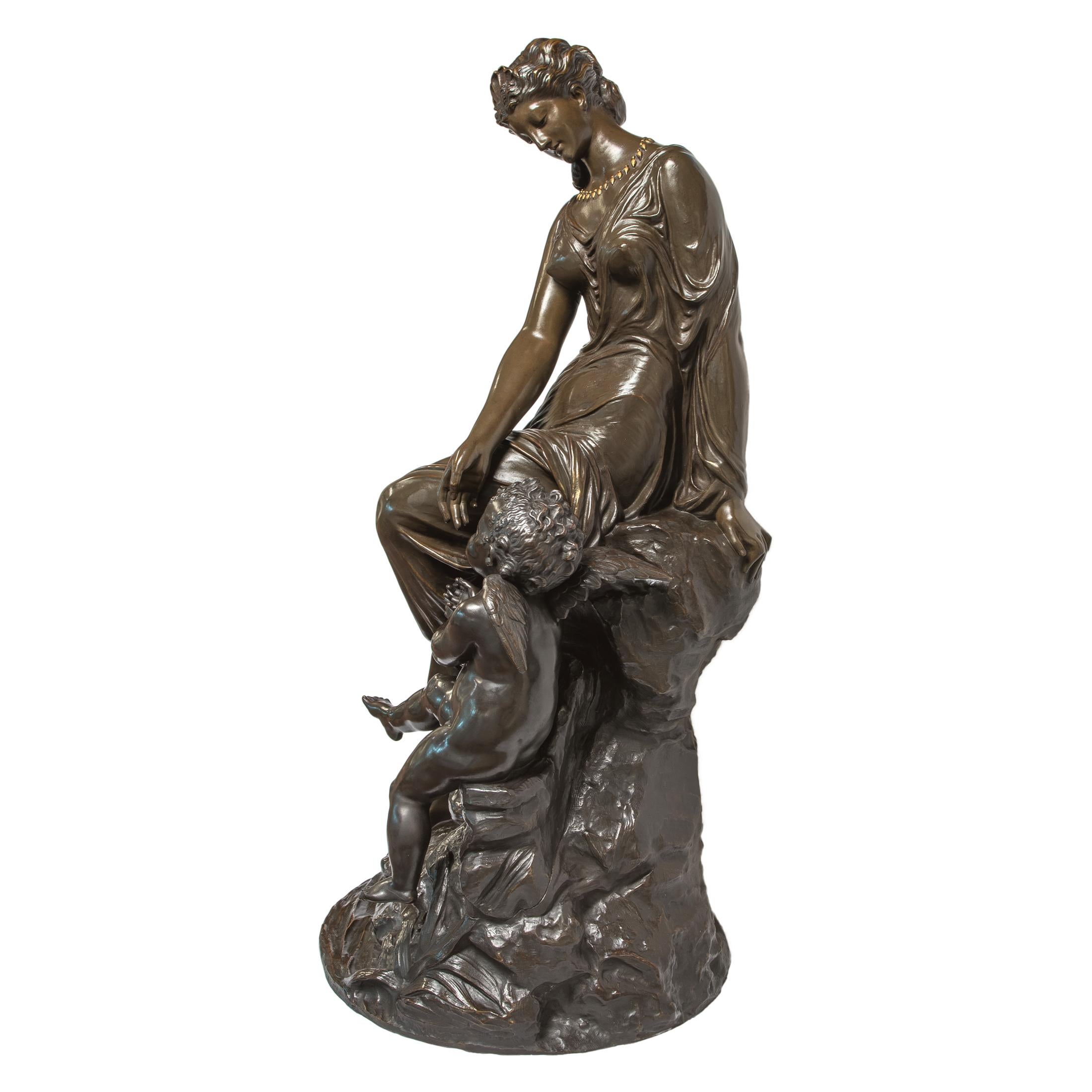 Finely casted monumental patinated bronze sculpture of Venus and Cupid attributed to Mathurin Moreau.

Artist: Attributed to Mathurin Moreau (1822-1912)
Origin: French
Date: Late 19th century
Dimension: 38 in. x 16 1/2 in.