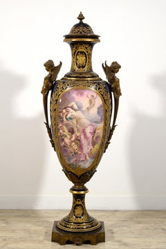 19th century, Monumental Sèvres Style Polychrome Porcelain Vase