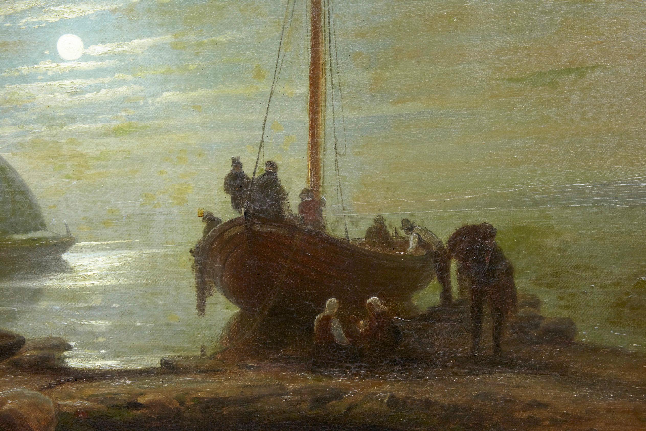 Victorian 19th Century Moonlight Harbour Oil on Canvas by Albert Berg