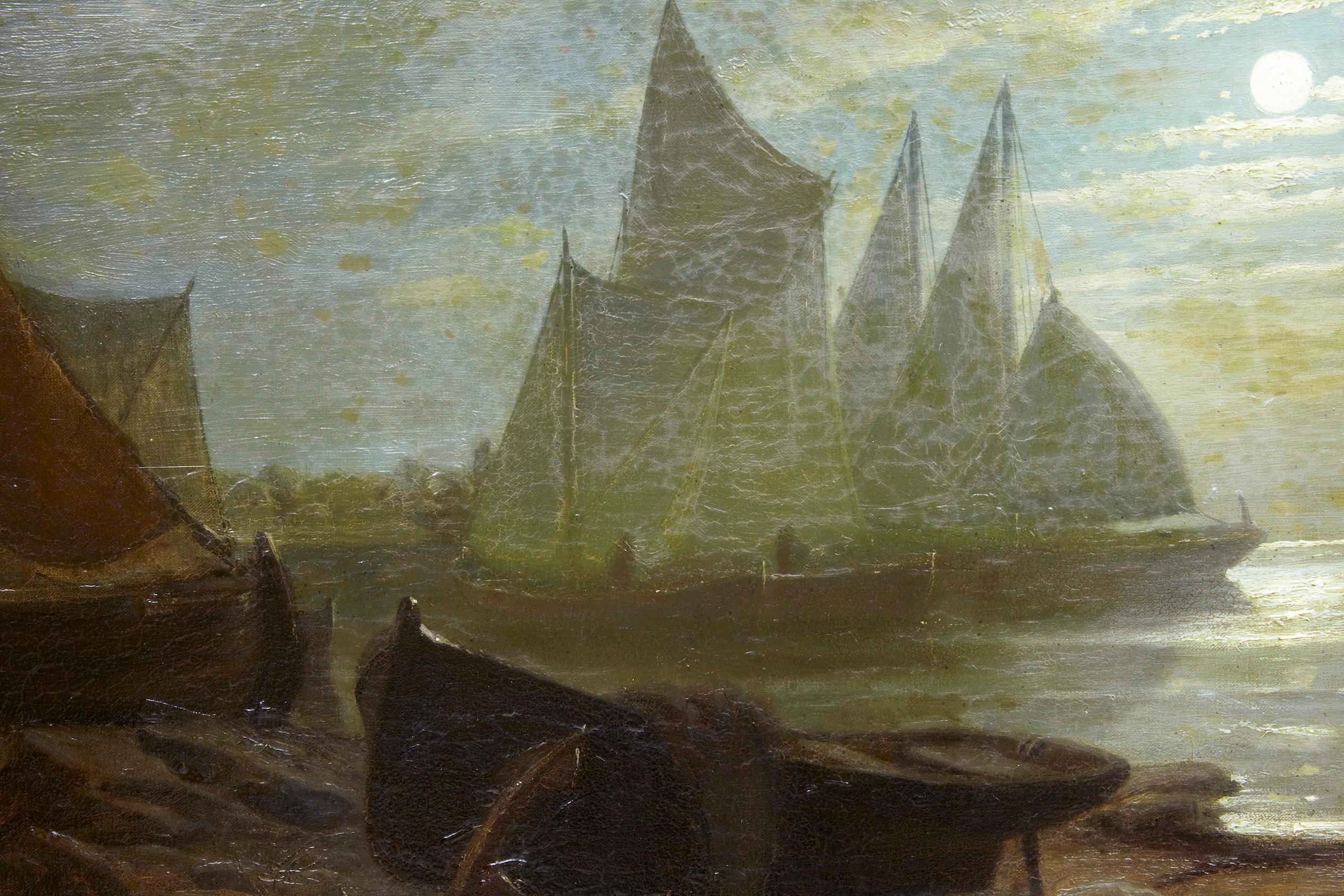 German 19th Century Moonlight Harbour Oil on Canvas by Albert Berg