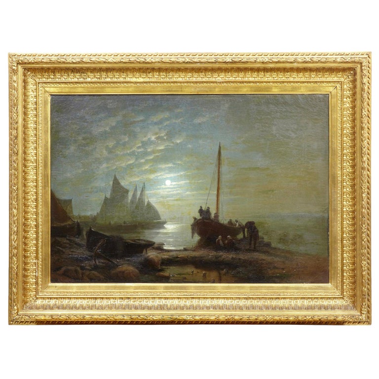 19th Century Moonlight Harbour Oil on Canvas by Albert Berg at 1stDibs