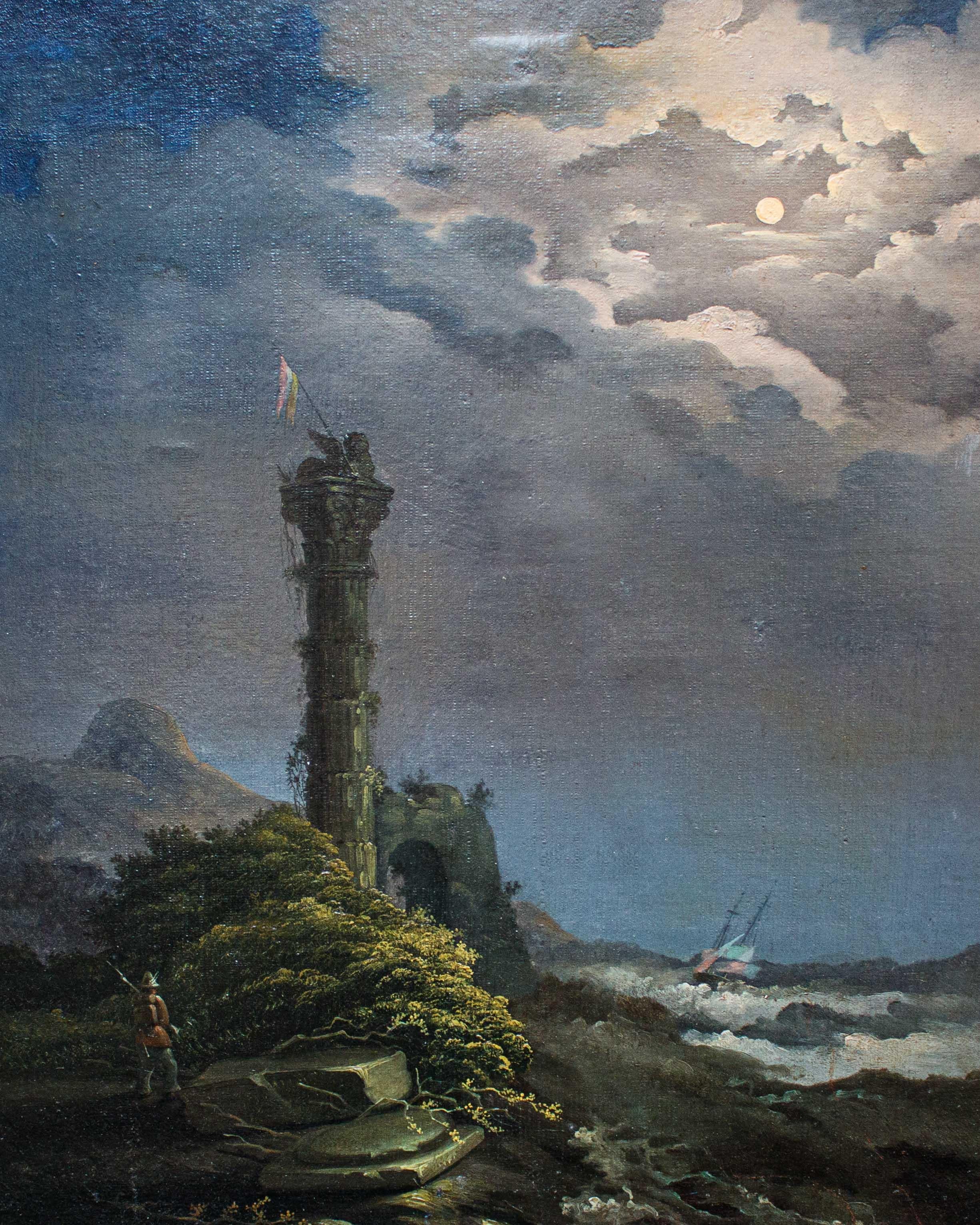 19th Century Moonlit Landscape Painting Oil on Canvas For Sale 6