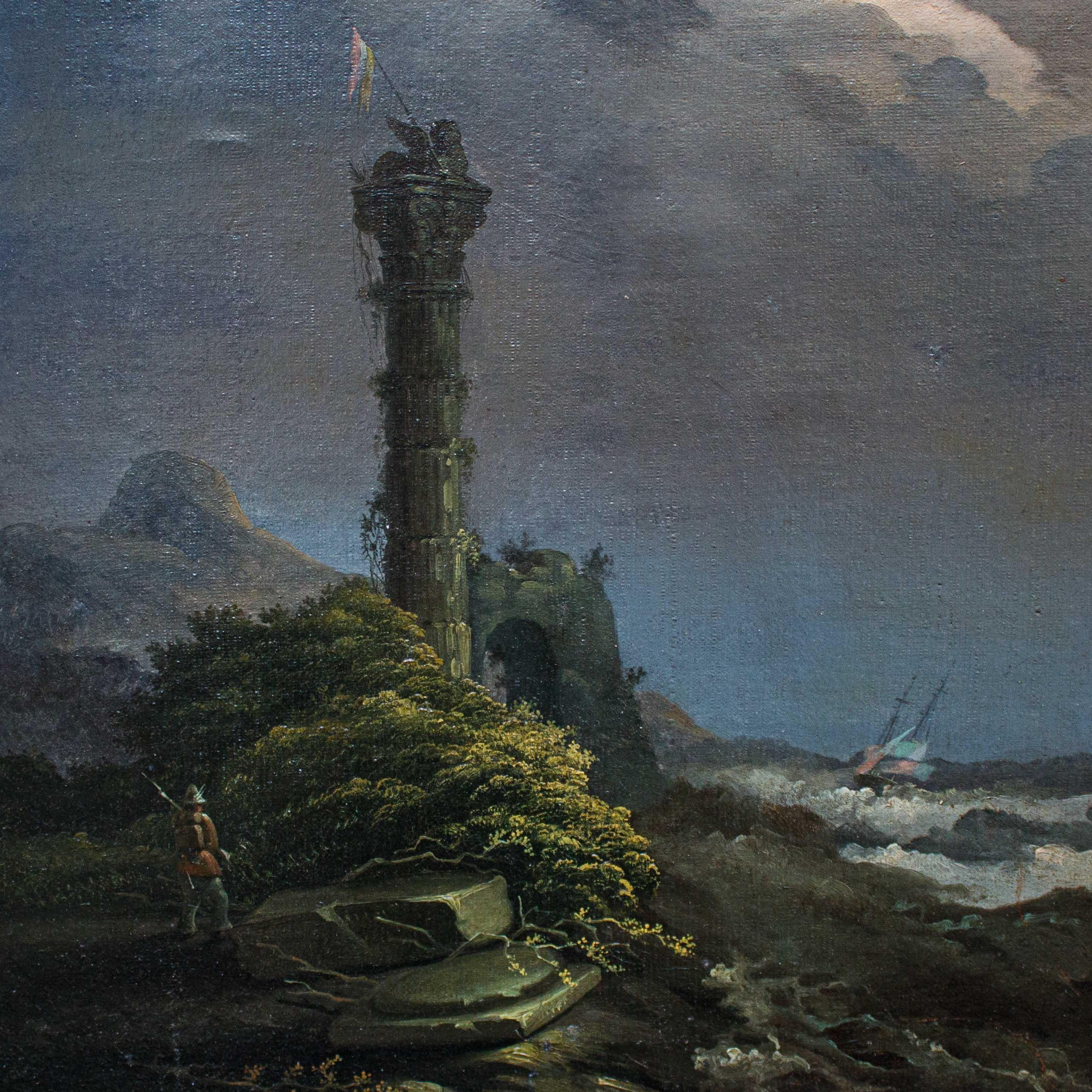 Pintura al óleo sobre lienzo del siglo XIX Paisaje iluminado por la luna Italiano en venta