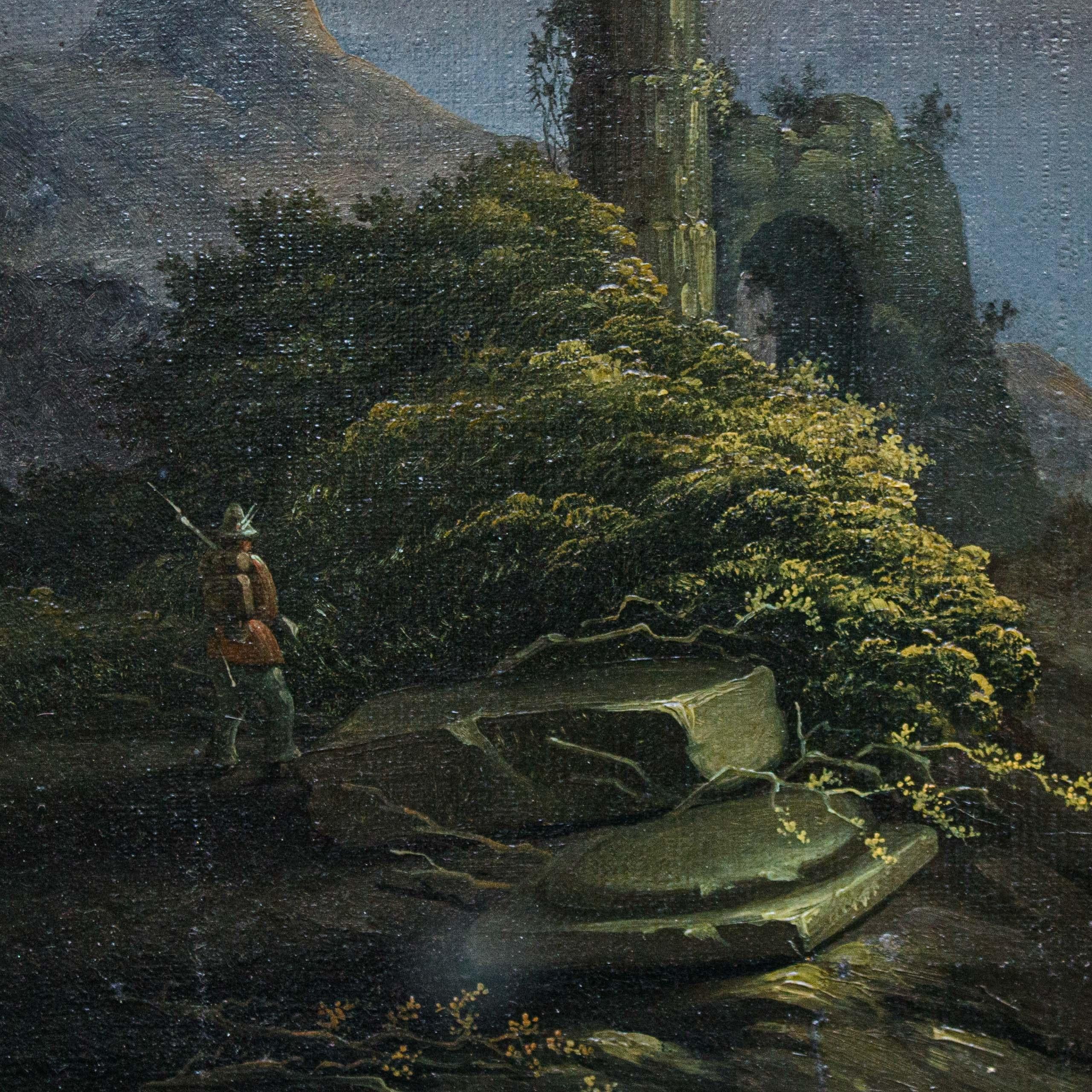19th Century Moonlit Landscape Painting Oil on Canvas In Good Condition For Sale In Milan, IT