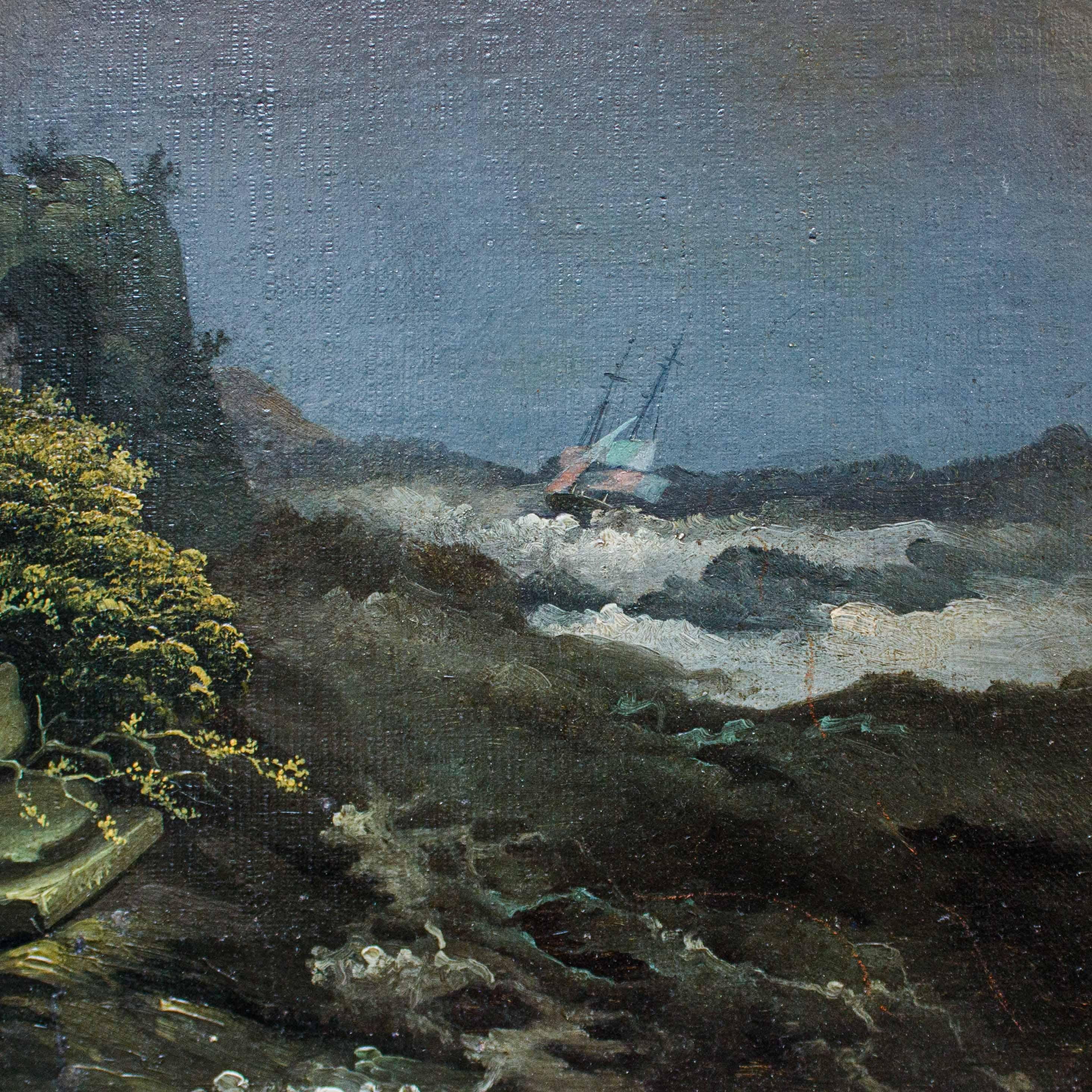 19th Century Moonlit Landscape Painting Oil on Canvas For Sale 2