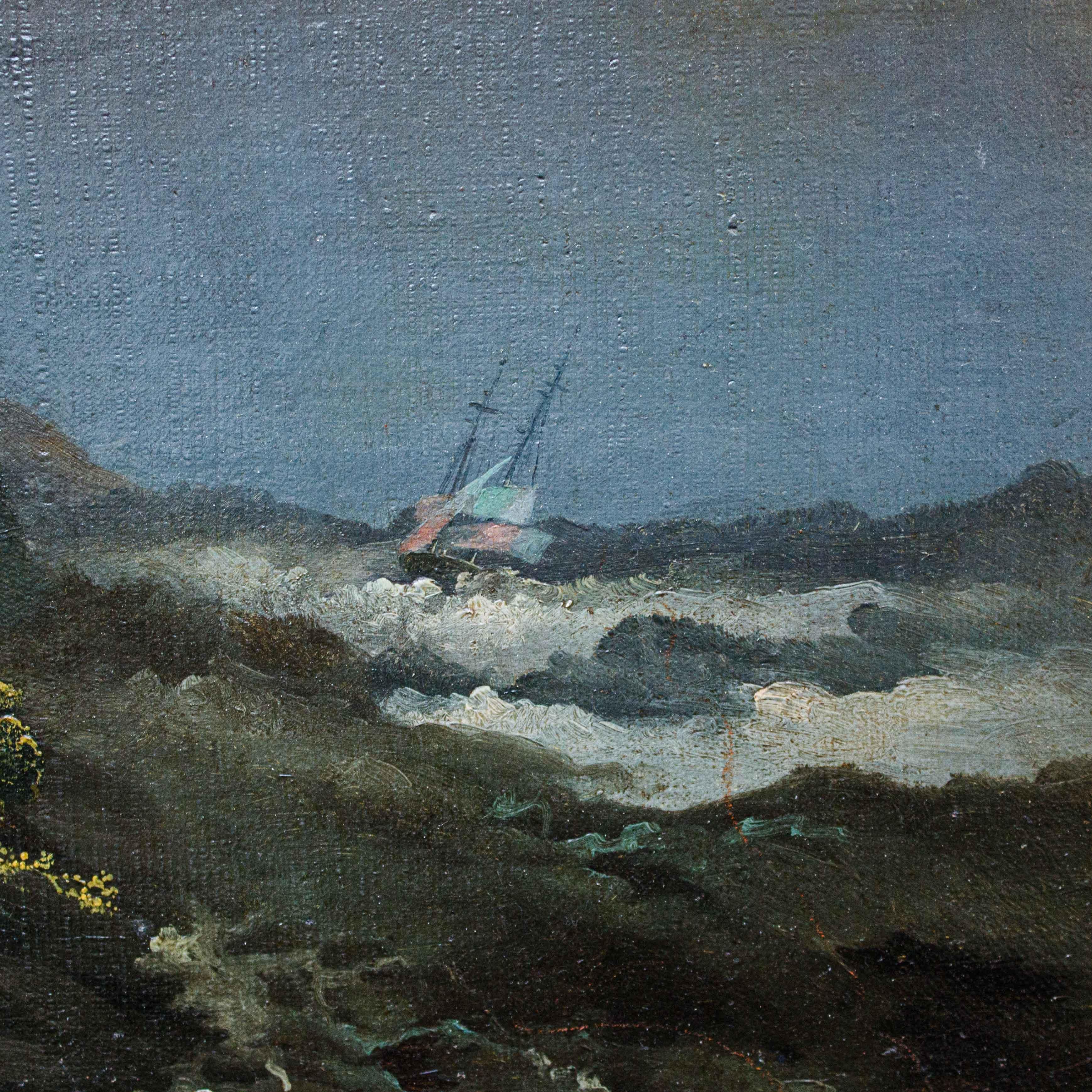 19th Century Moonlit Landscape Painting Oil on Canvas For Sale 3