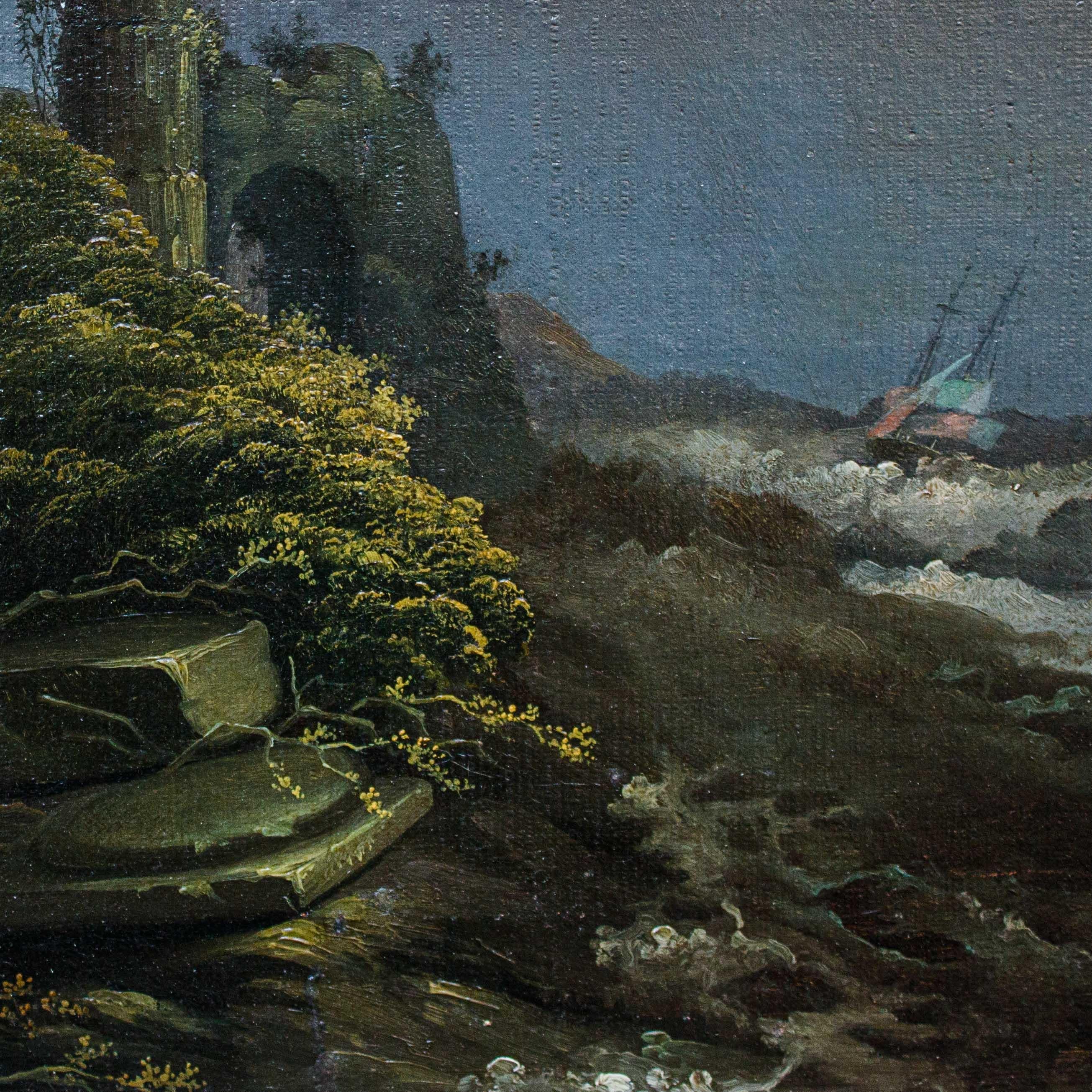19th Century Moonlit Landscape Painting Oil on Canvas For Sale 4