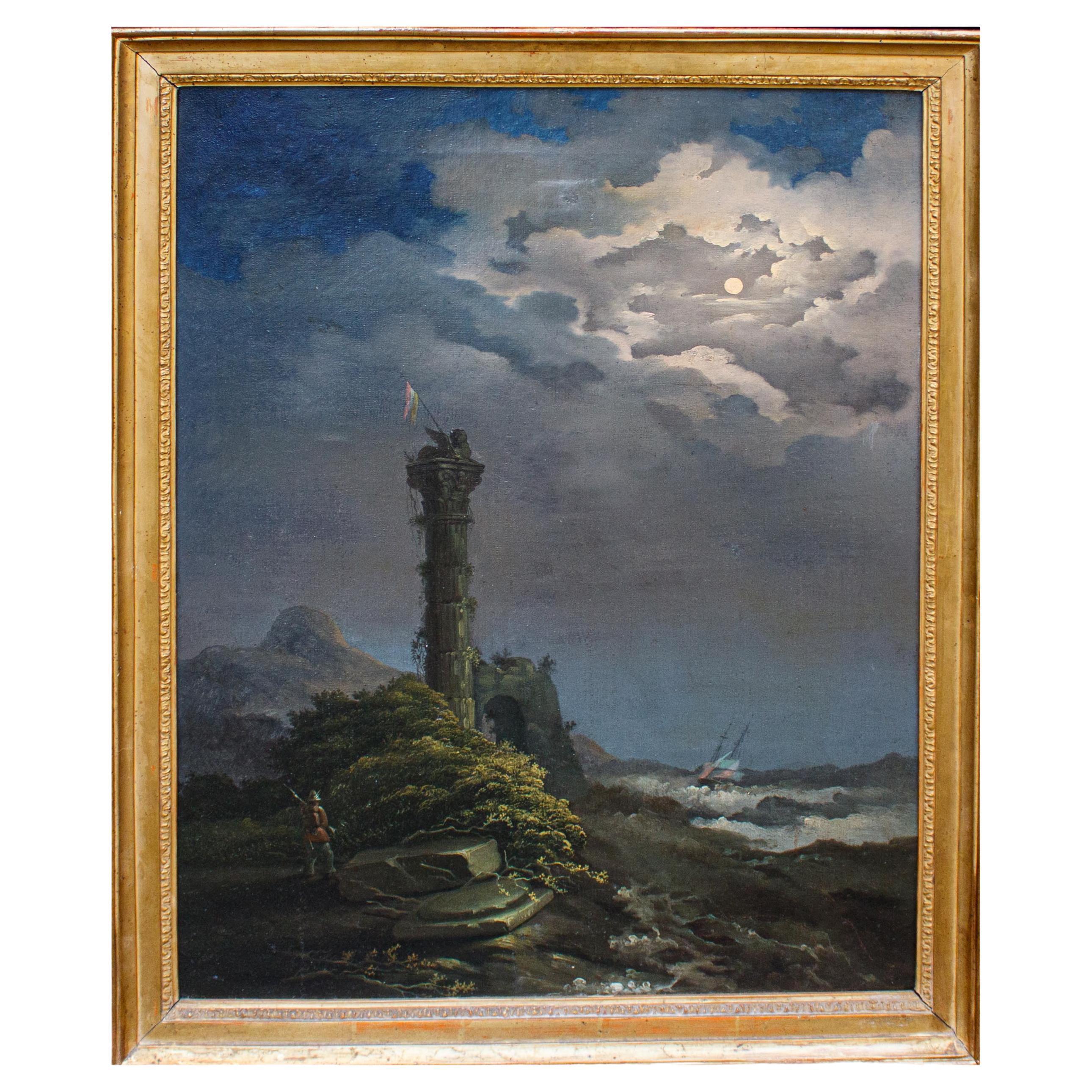 19th Century Moonlit Landscape Painting Oil on Canvas For Sale