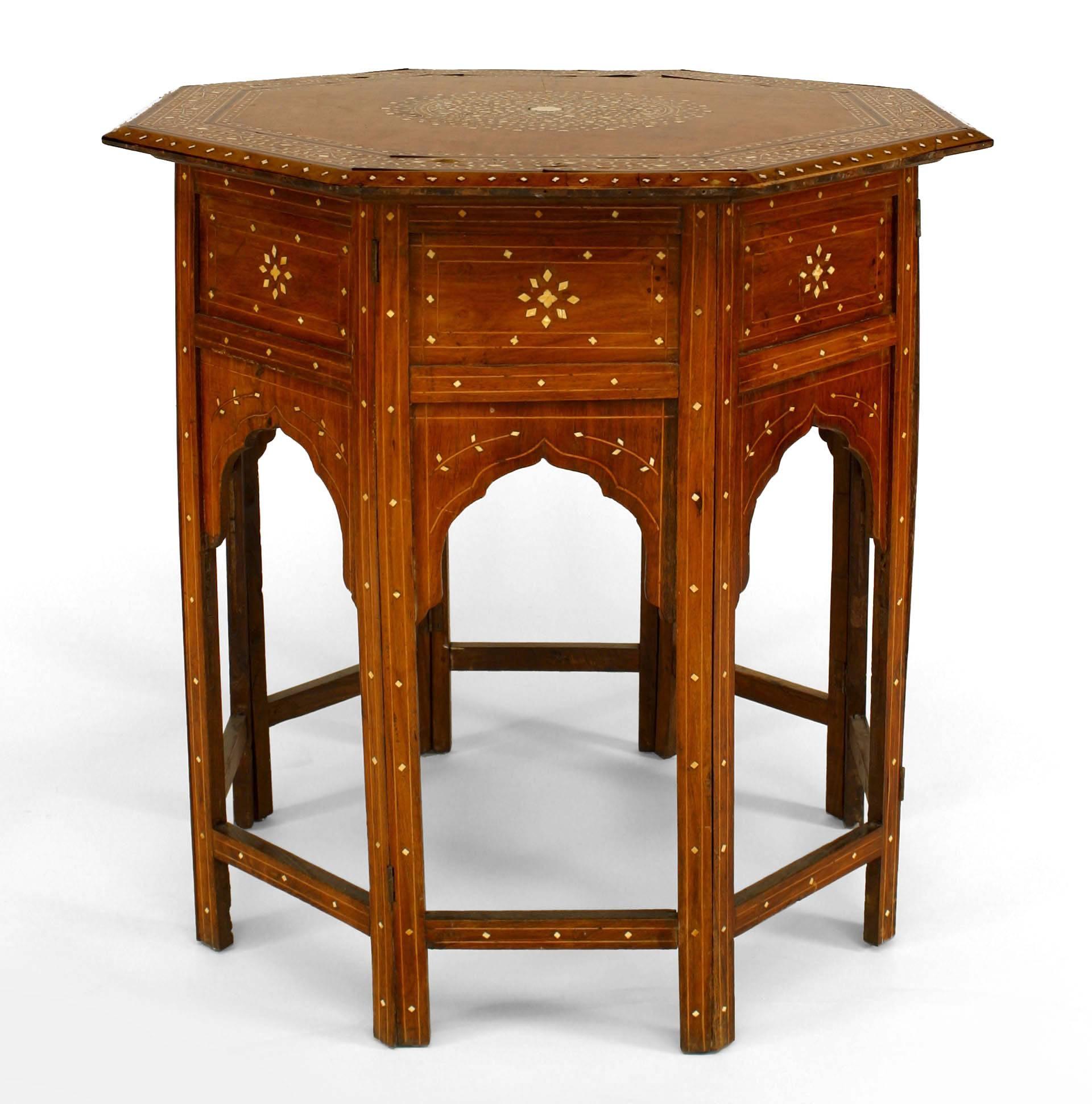Nineteenth century Moorish style teak and bone inlaid octagonal taboret end table with open arch design panels at the base and circle and floral design top.