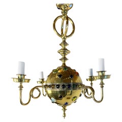 19th Century Moorish Revival Brass Chandelier with Multicolor Gem Stones