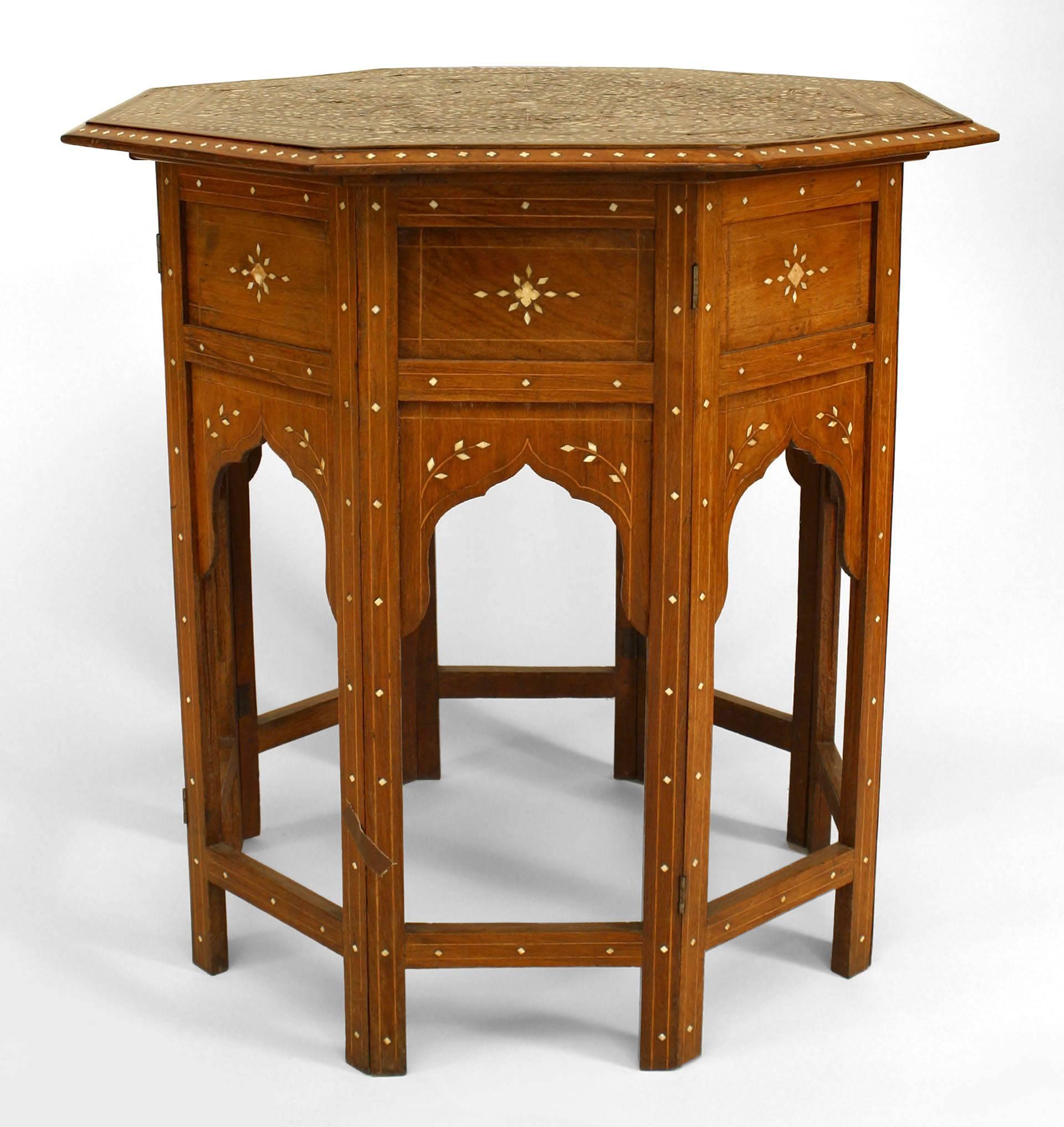 Middle Eastern Moorish-style (19th Century) teak and bone inlaid octagonal taboret / end table with open arch design panels at base.
