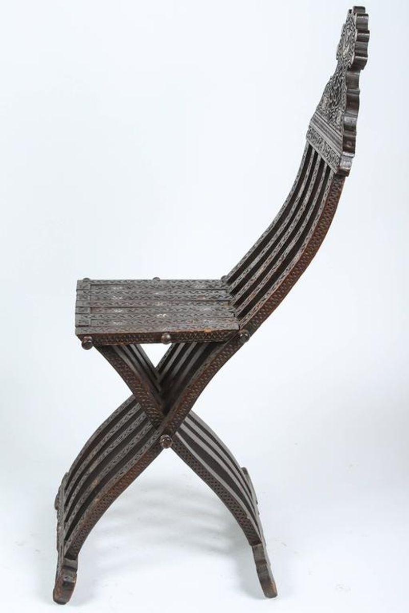 Moroccan 19th Century Moorish Wood Inlaid Folding Chair For Sale