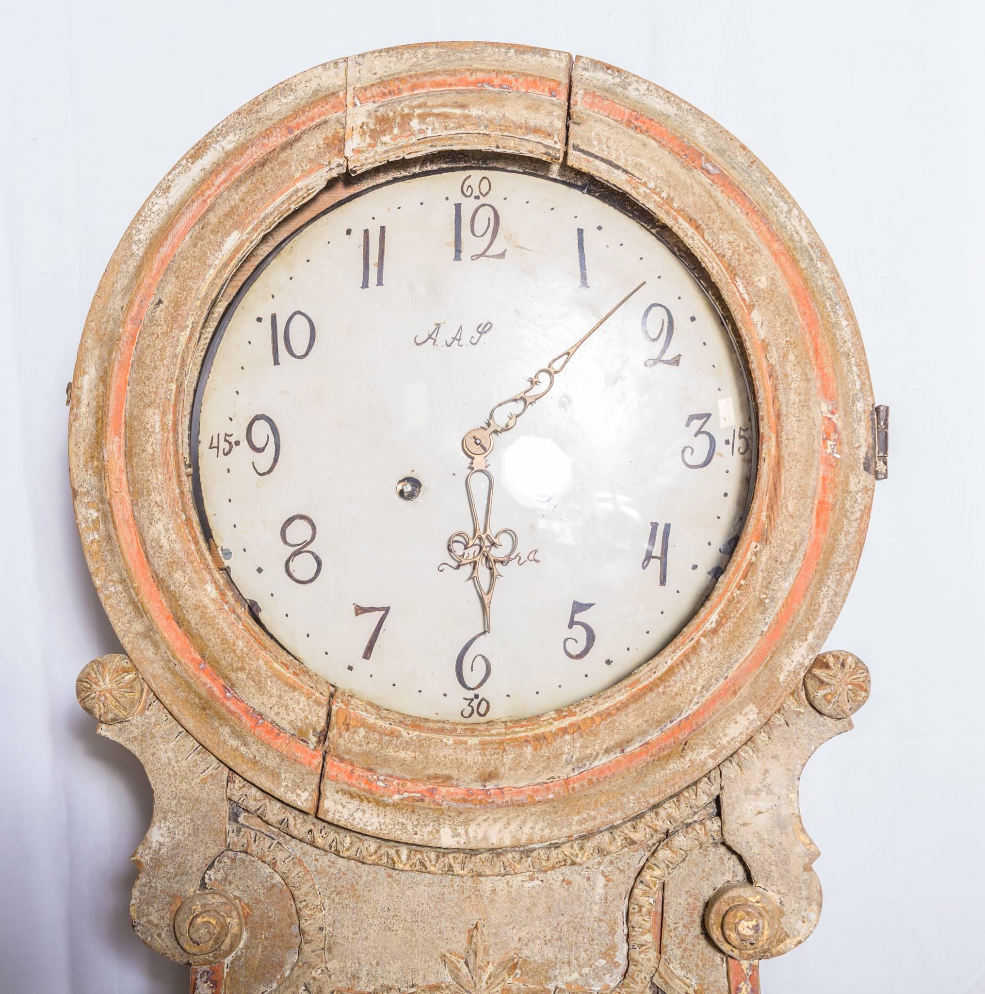 Swedish Mora clock with original scraped finish. Beautiful authentic patina has weights and pendulem.
