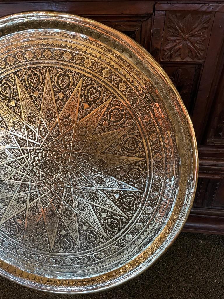 Moorish 19th Century Moroccan Brass Tray with Incised Decoration