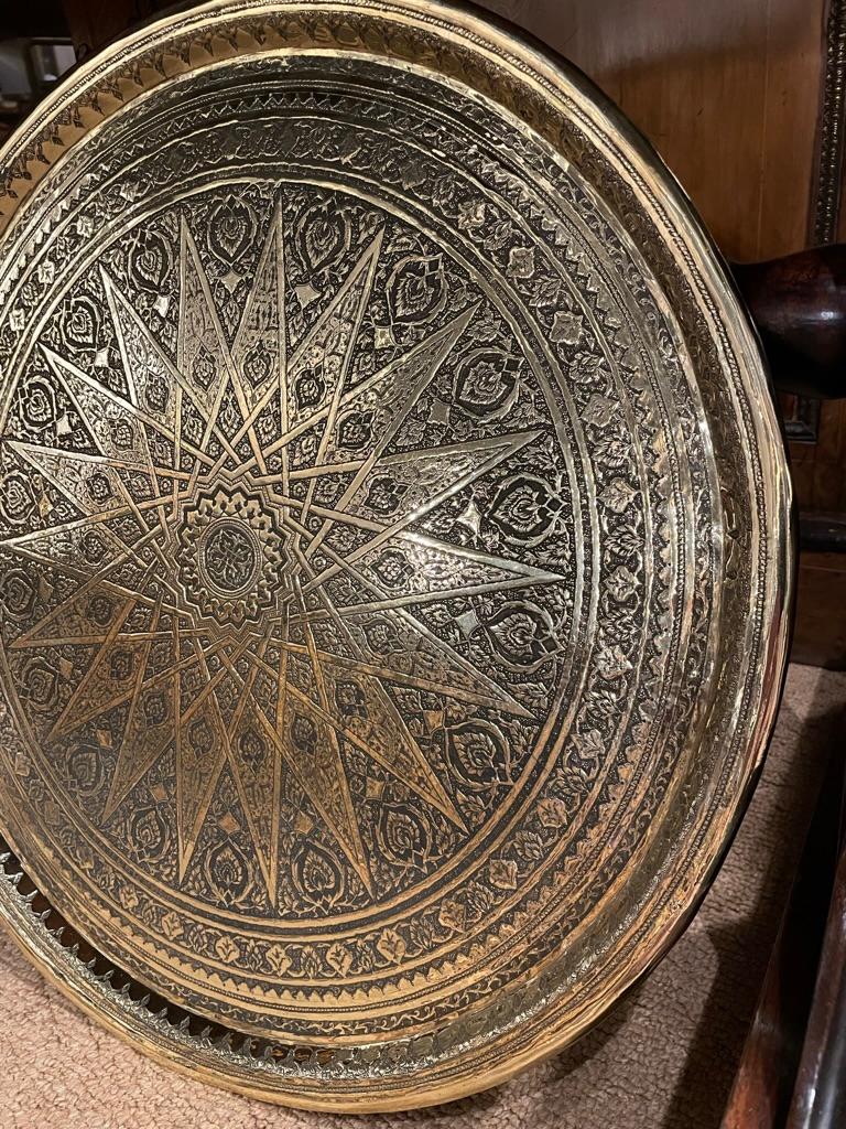 Etched 19th Century Moroccan Brass Tray with Incised Decoration