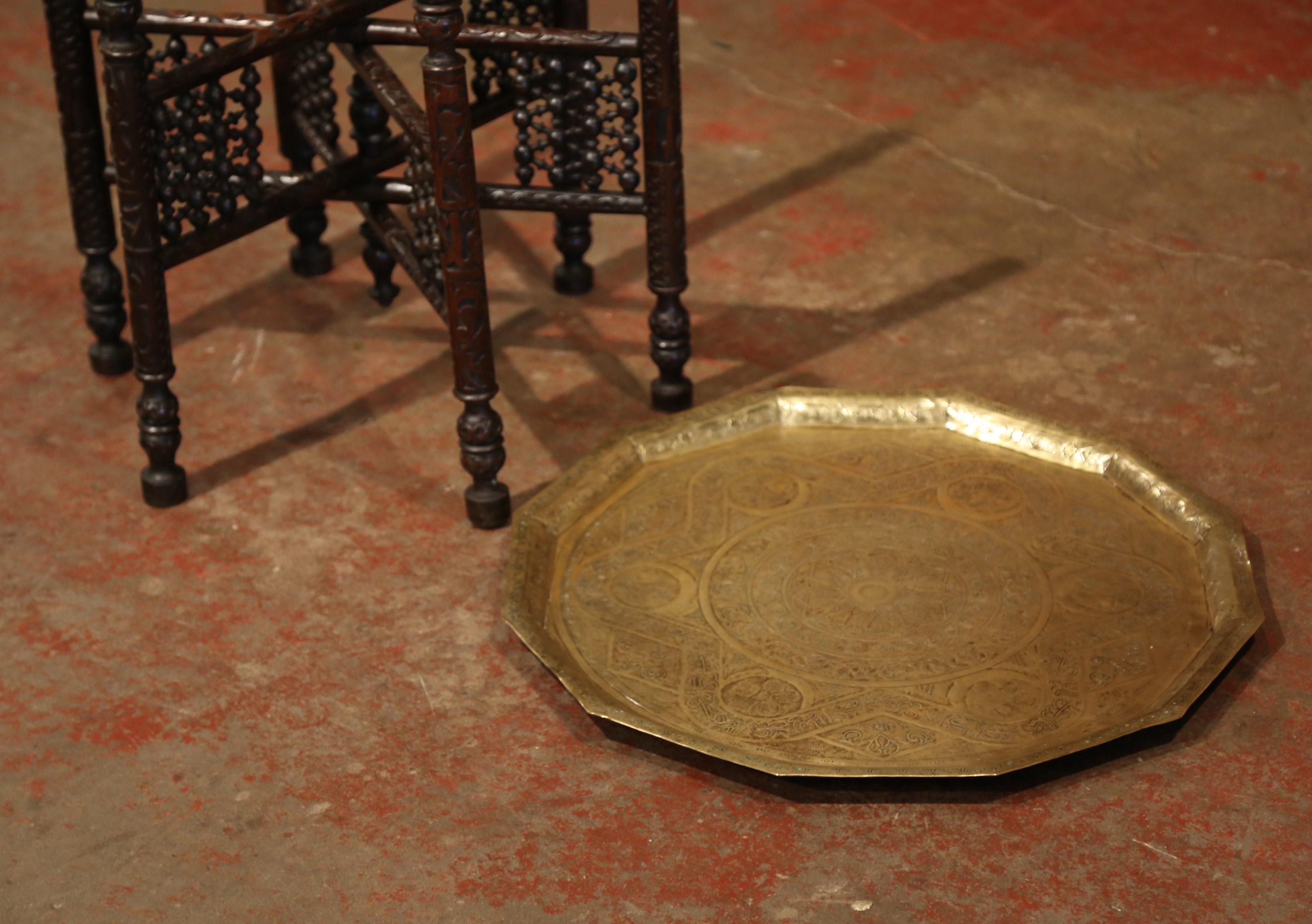 Victorian 19th Century Moroccan Carved Six-Leg Folding Table Base with Engraved Brass Top