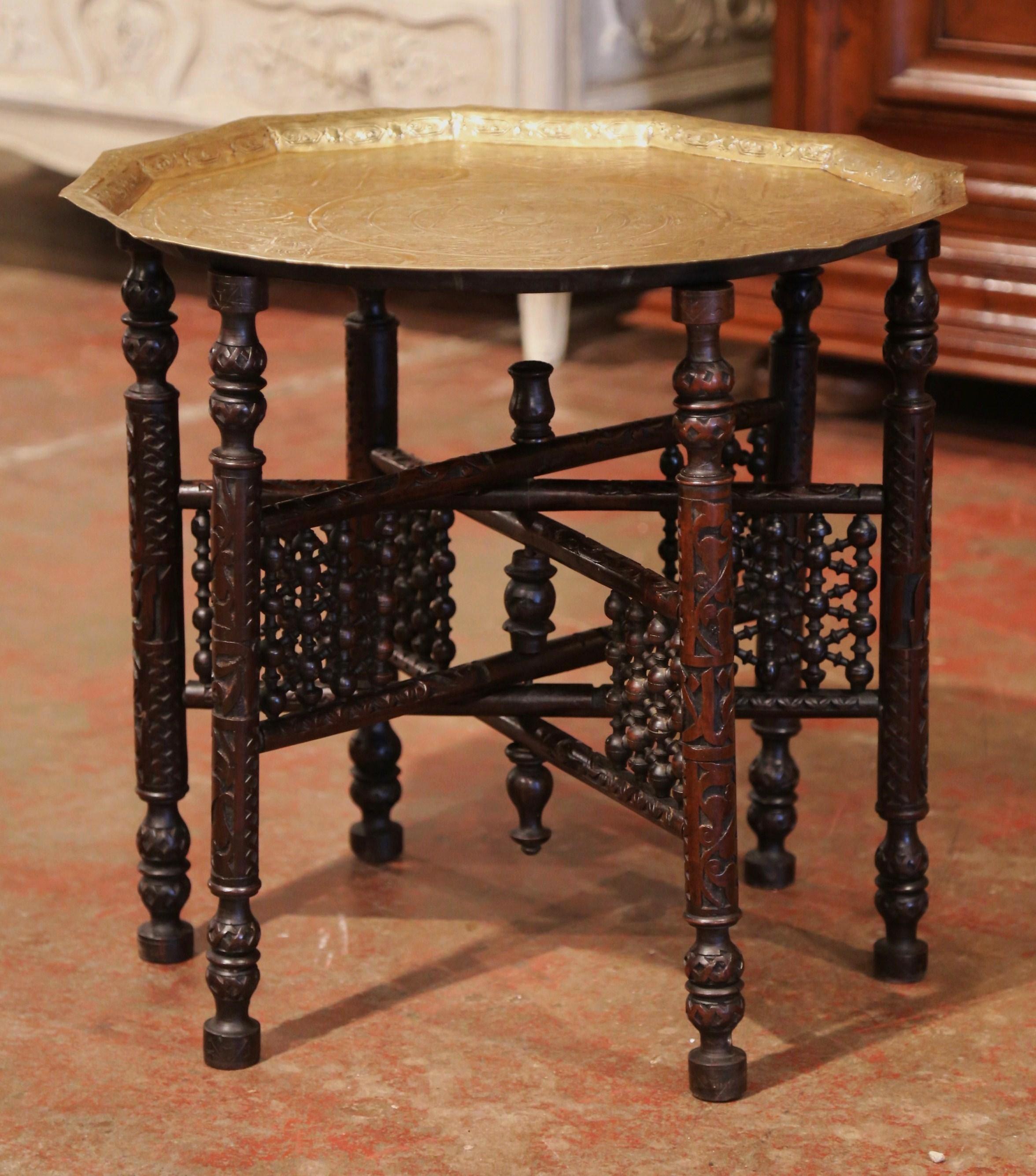 Patinated 19th Century Moroccan Carved Six-Leg Folding Table Base with Engraved Brass Top