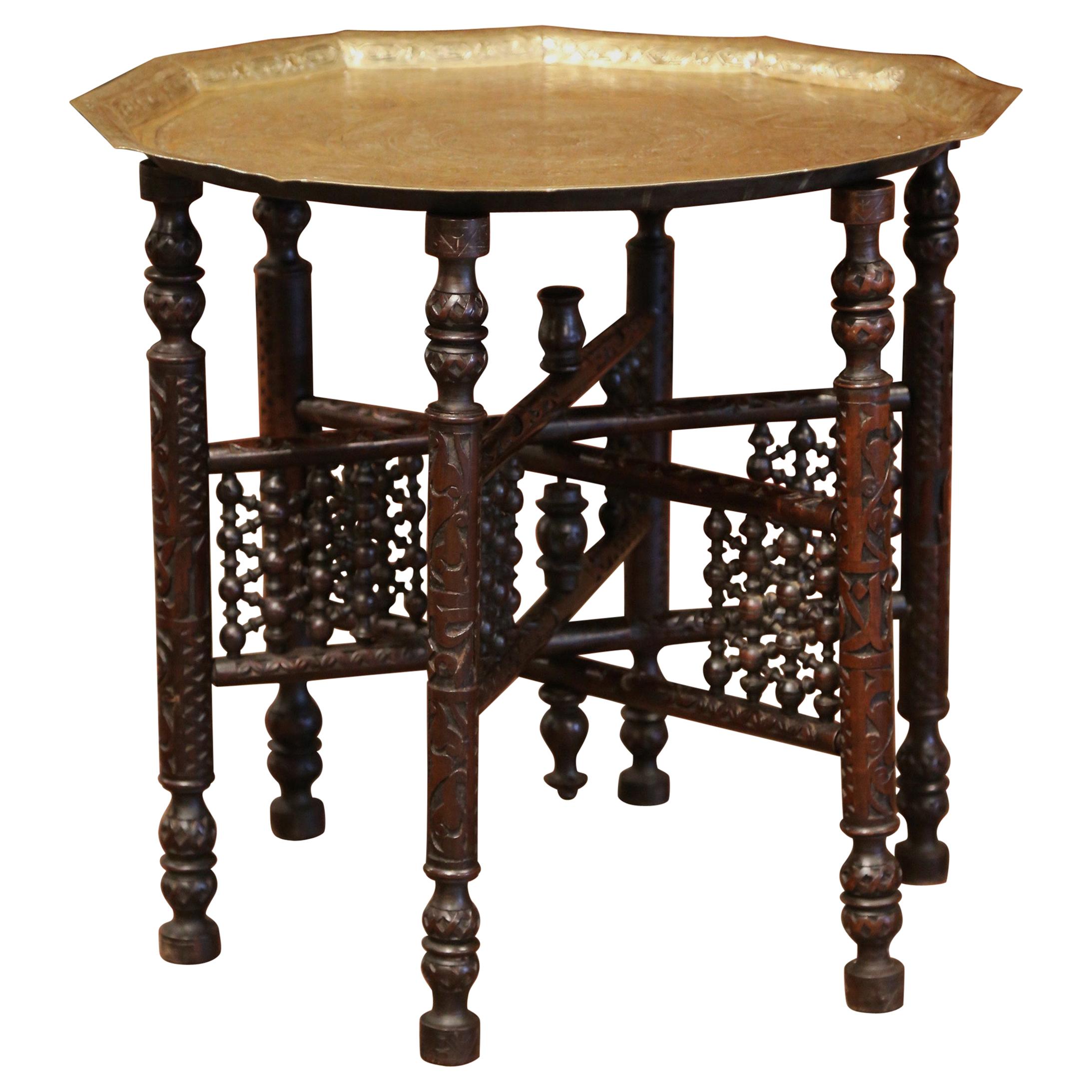 19th Century Moroccan Carved Six-Leg Folding Table Base with Engraved Brass Top