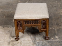 19th Century Moroccan Carved Wood Stool with Spindle Panels