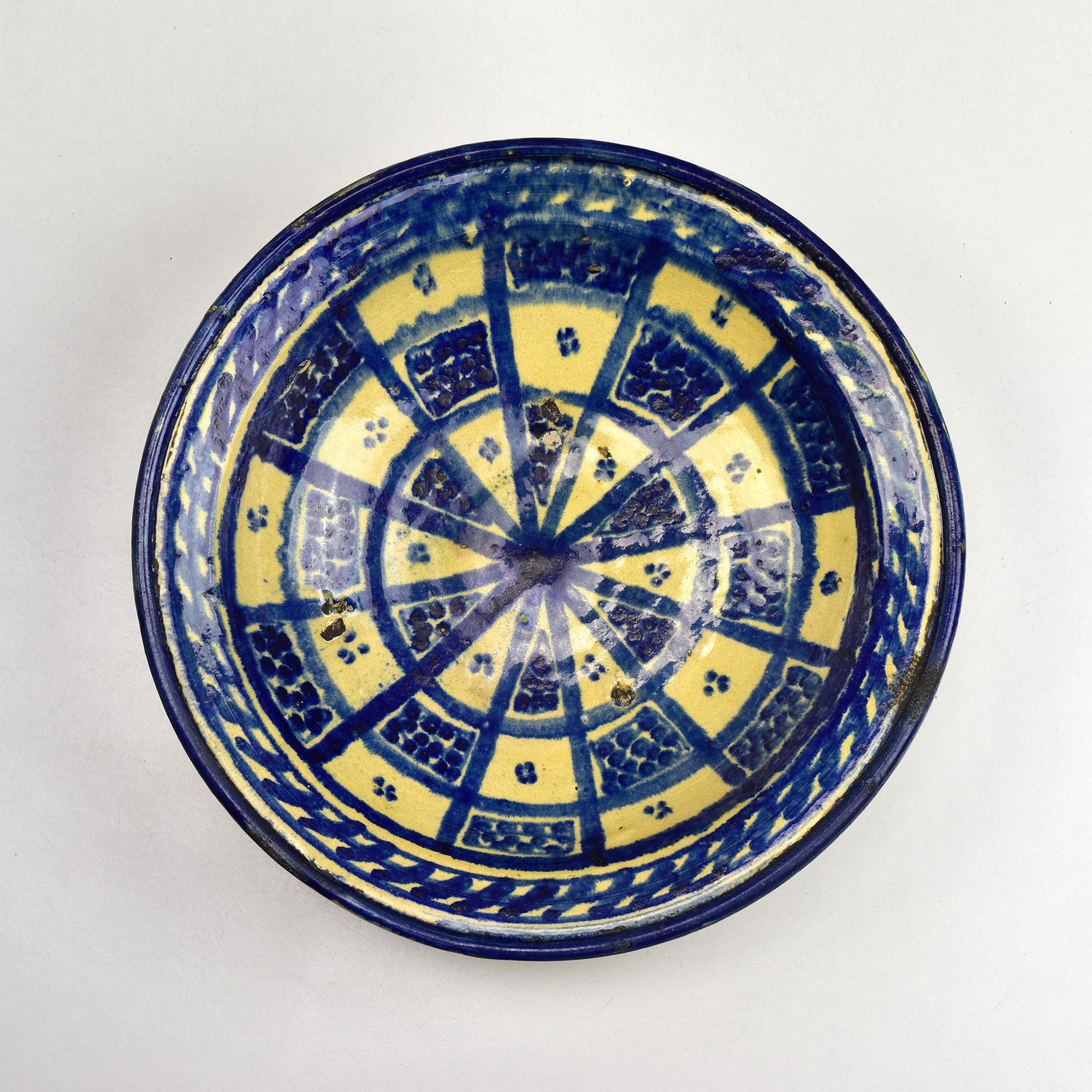 Tribal 19th Century Moroccan Cobalt Blue Glazed Footed Ceramic Bowl from Fez For Sale