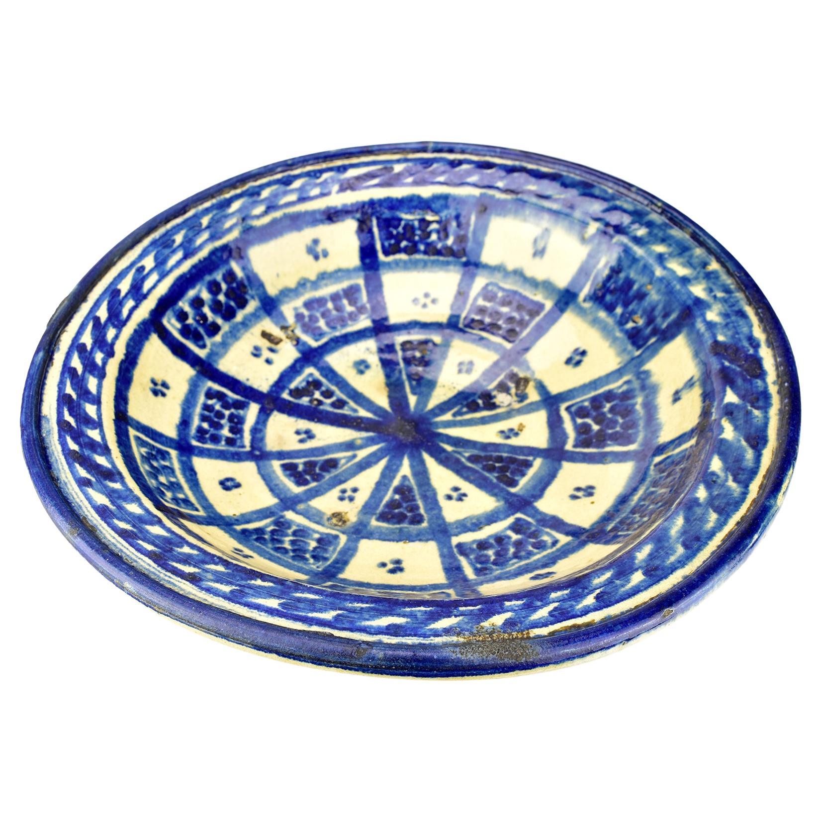 Bol en céramique marocaine émaillée bleu cobalt du 19ème siècle de Fez