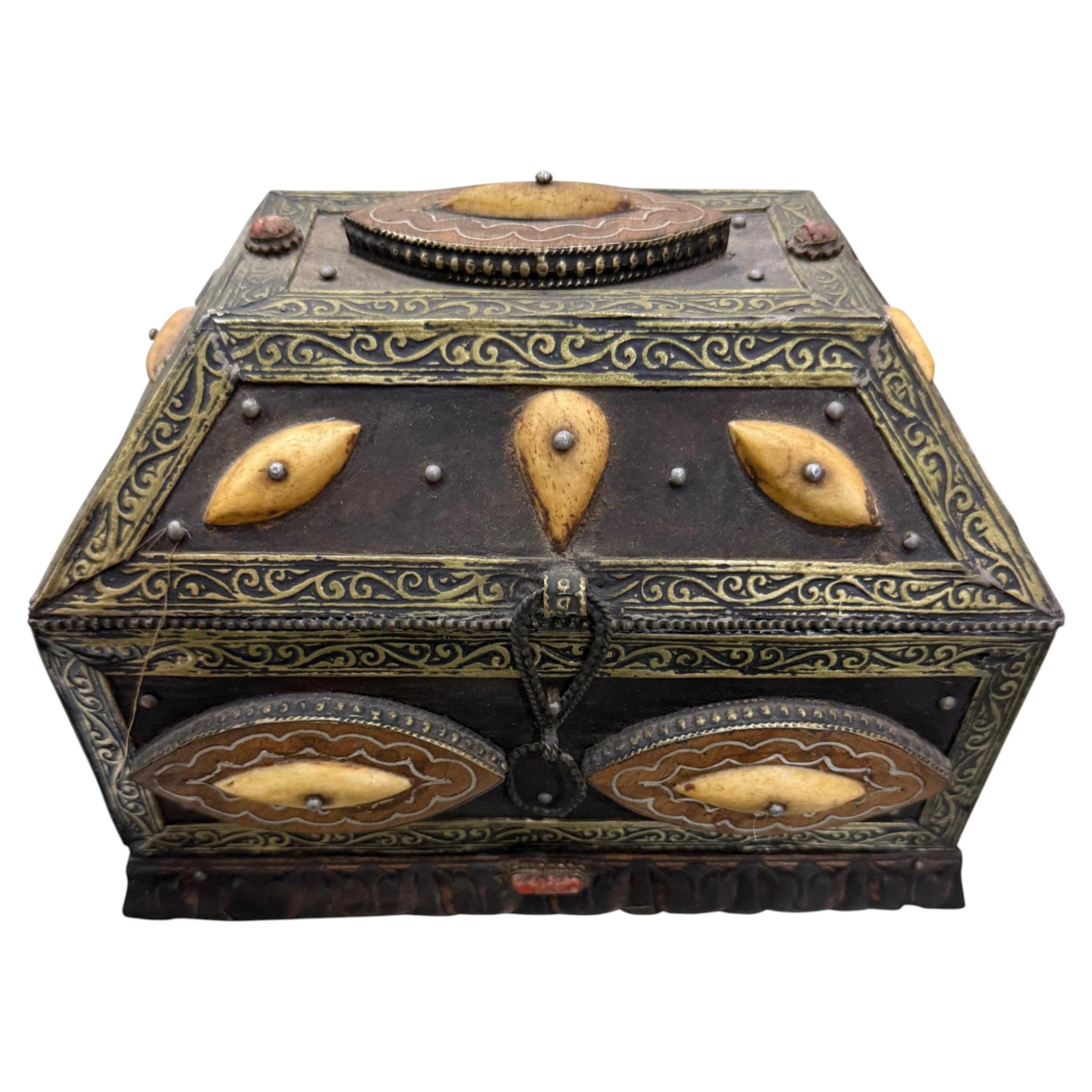 19th Century Moroccan Decorative Box with Brass and Bone, 9x6.5"
