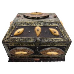 19th Century Moroccan Decorative Box with Brass and Bone, 9x6.5"