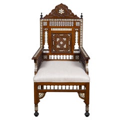 19th Century Moroccan Inlaid Wood Armchair with Geometric Bone Decoration