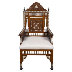 19th Century Moroccan Inlaid Wood Armchair with Geometric Bone Decoration