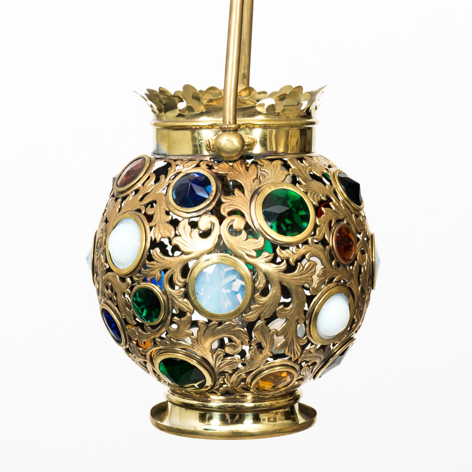 19th century Moroccan pierced brass jewelled hall lantern.
   