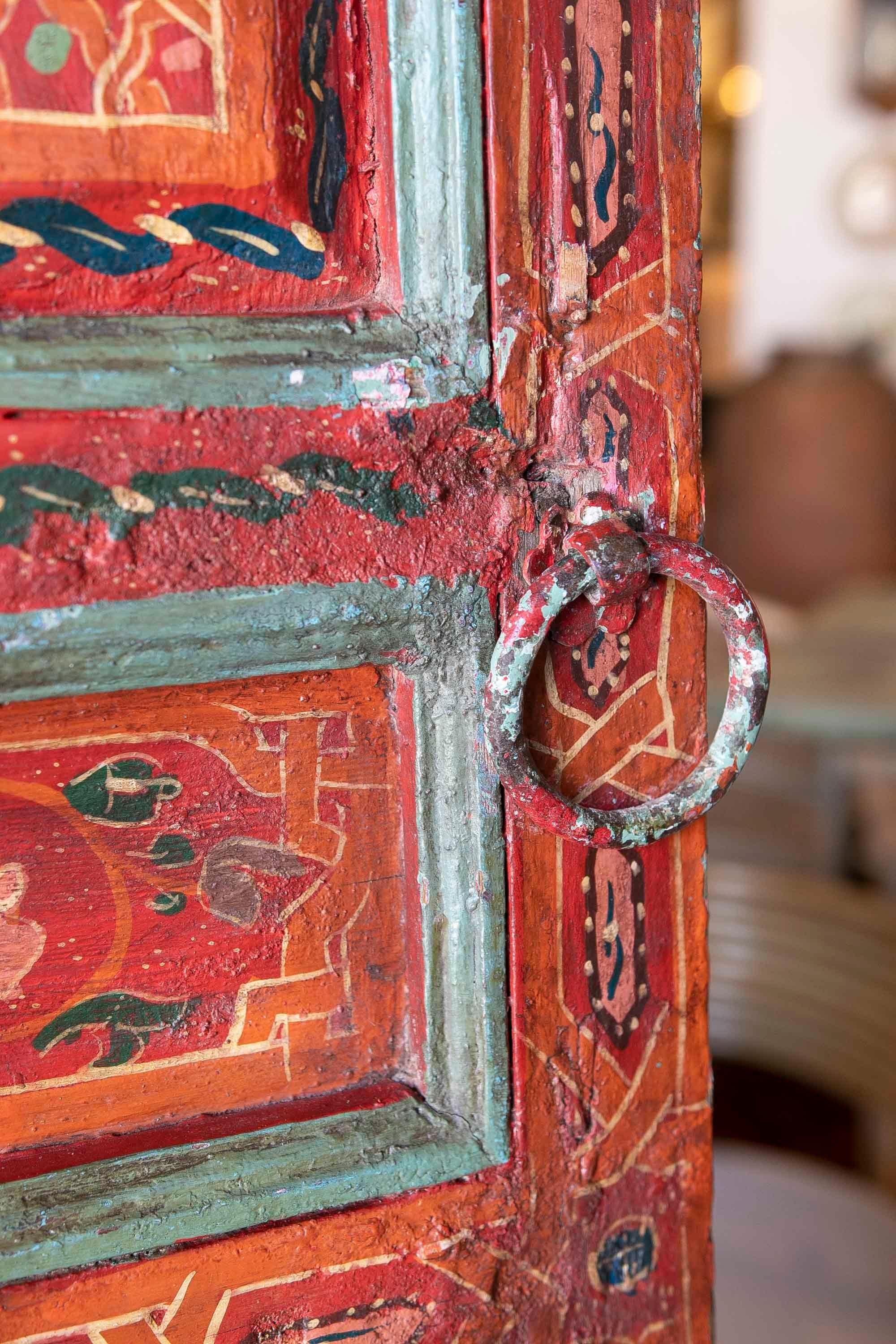 Wood 19th Century Moroccan Pair of Polychrome Doors with Original Iron Fittings