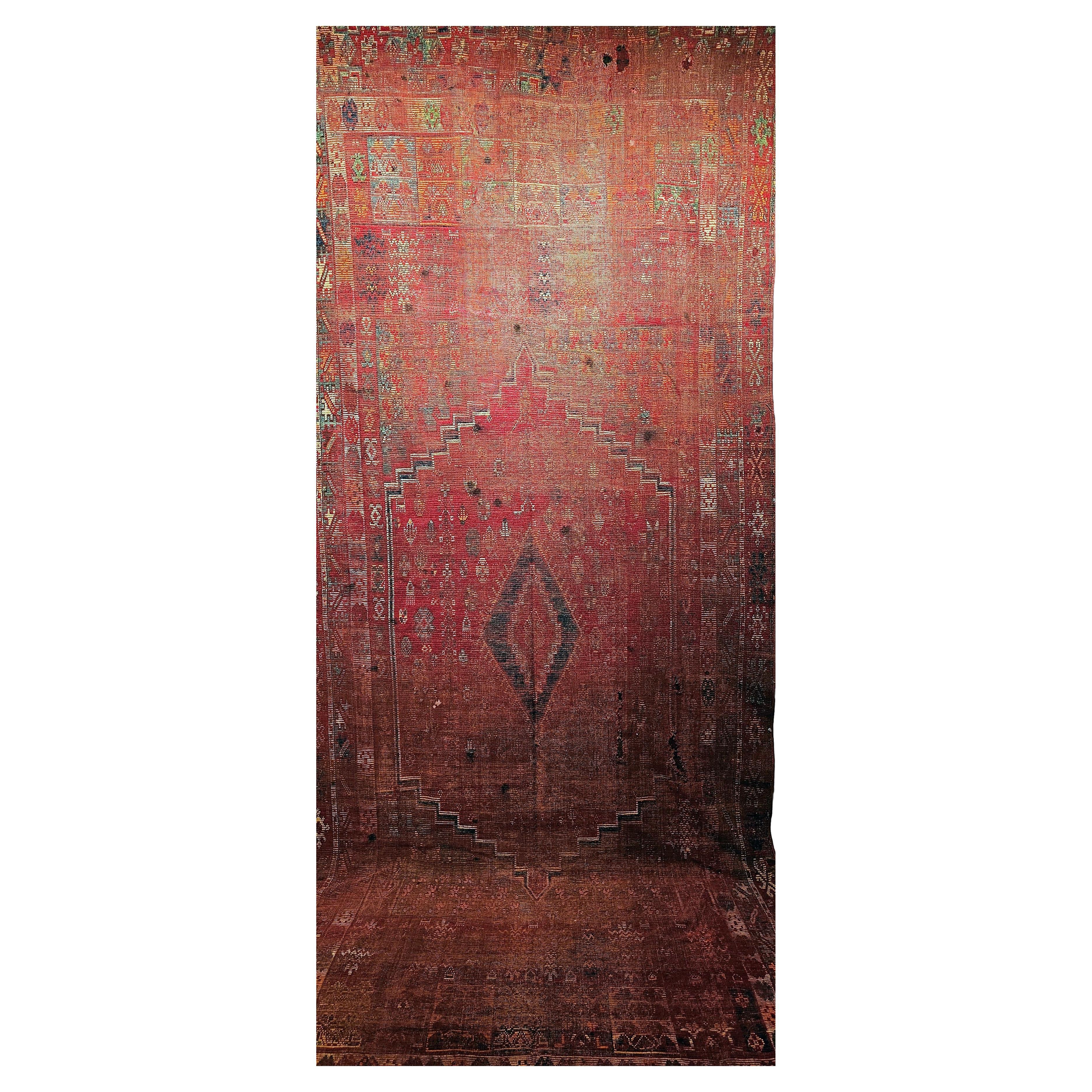 19th Century Moroccan Rabat Gallery Rug in Geometric Pattern in Red, Turquoise For Sale