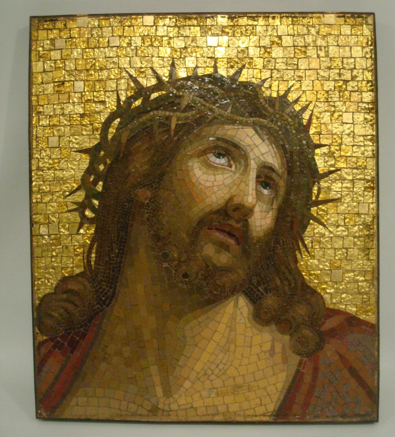 19th Century Mosaic Jesus Christ With the Crown of Thorns Plaque Religious Art  In Good Condition In Buenos Aires, Olivos