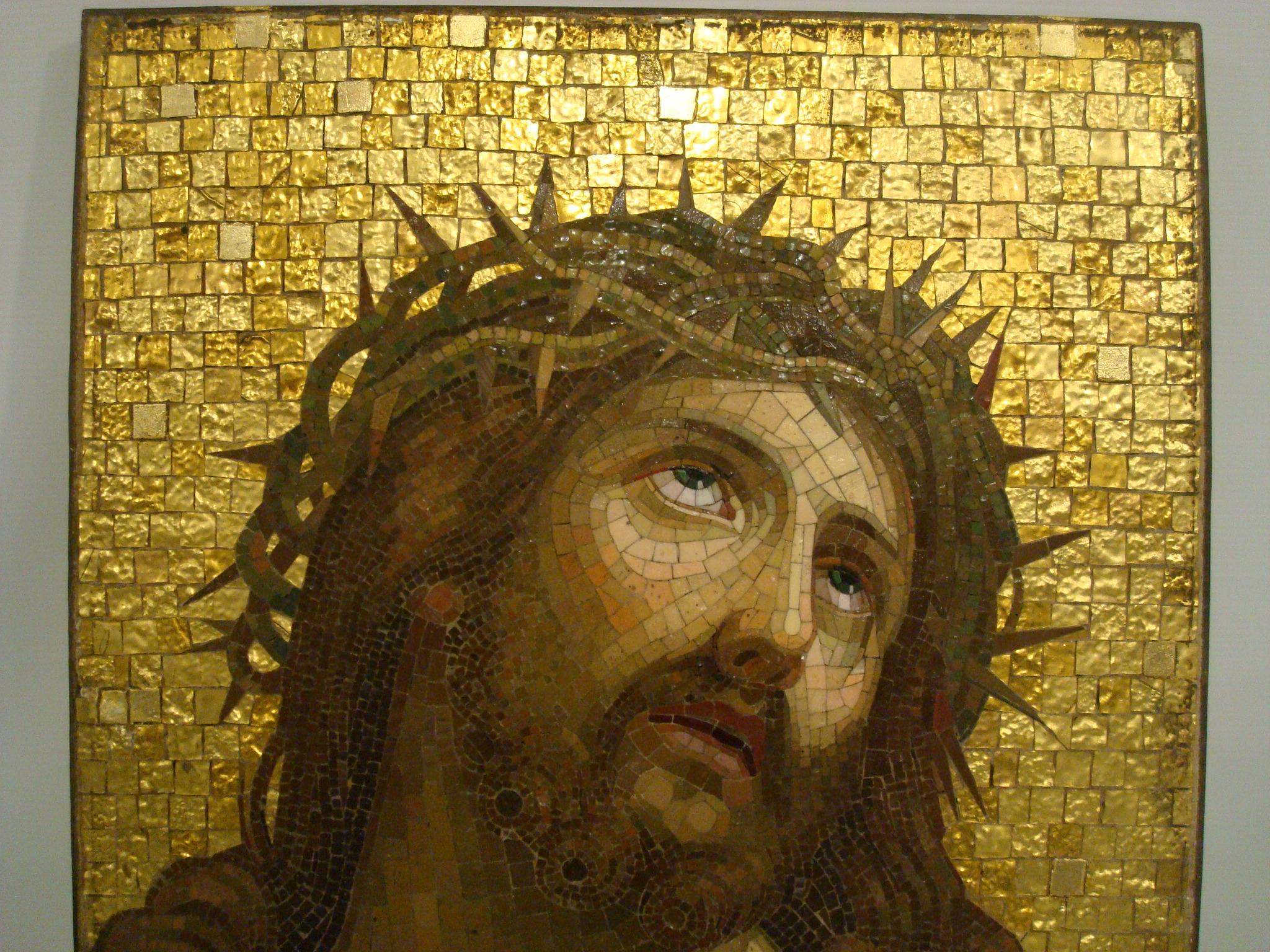 19th Century Mosaic Jesus Christ With the Crown of Thorns Plaque Religious Art 1