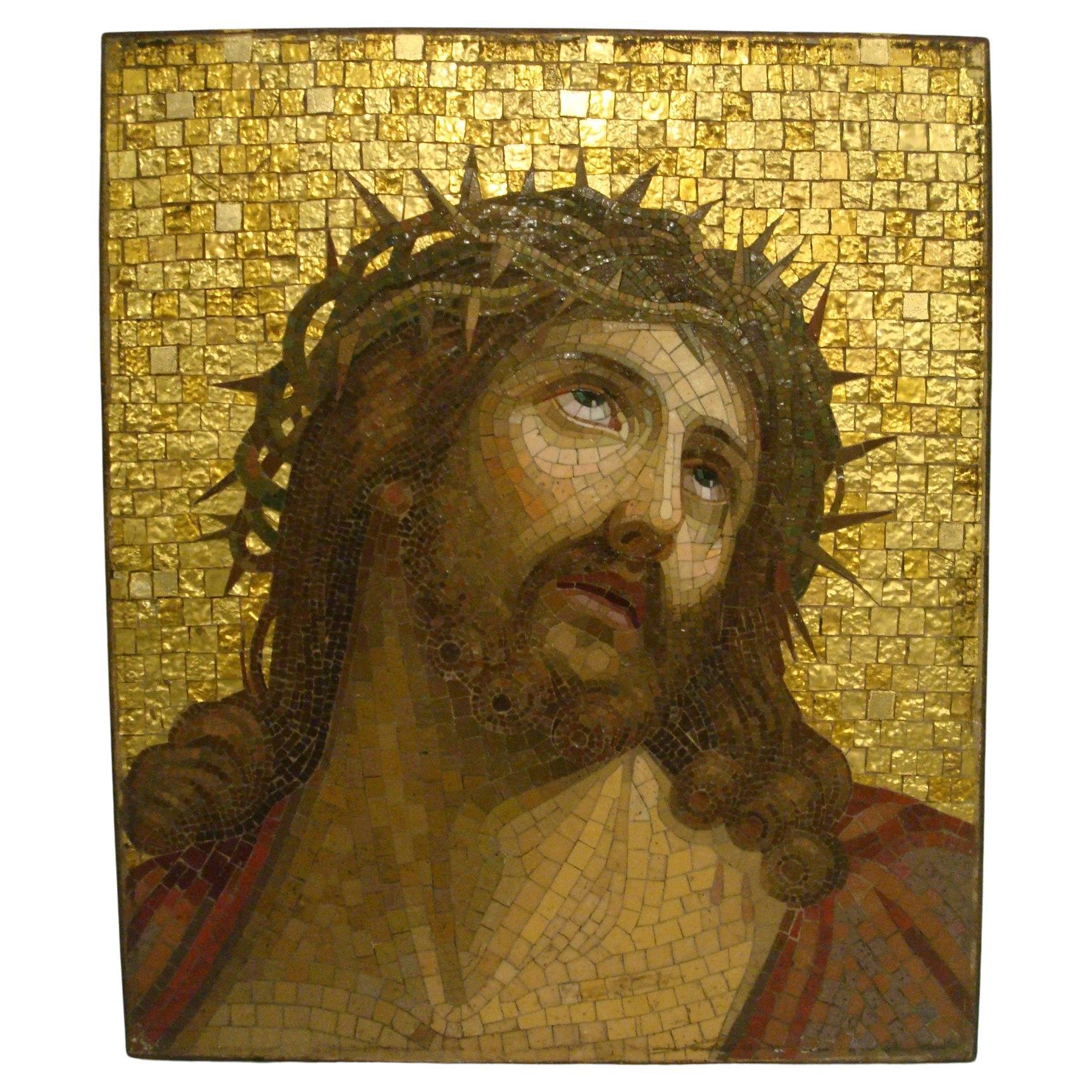 19th Century Mosaic Jesus Christ With the Crown of Thorns Plaque Religious Art 