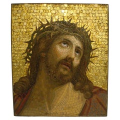 19th Century Mosaic Jesus Christ With the Crown of Thorns Plaque Religious Art 