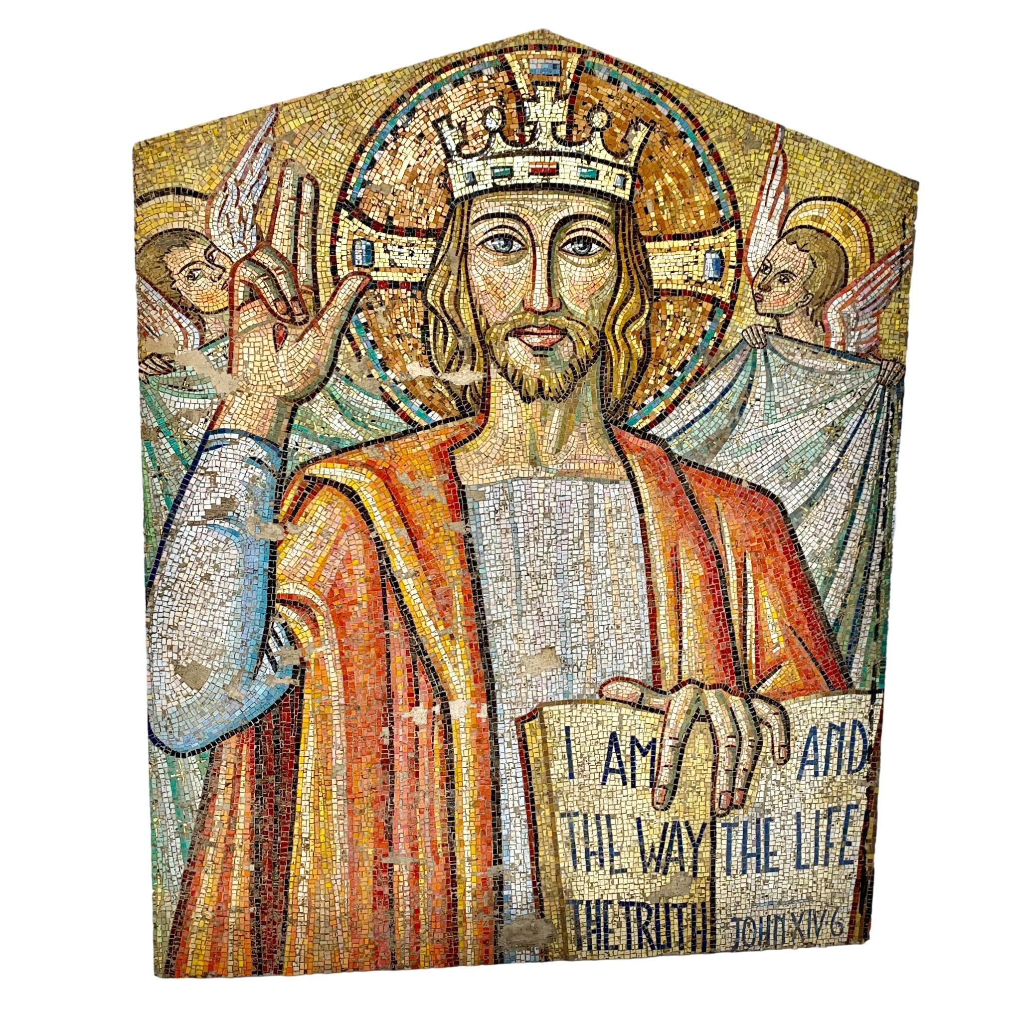 Massive handcut mosaic tile religious mural from the mid-1800s. Salvaged from a church out of the mid-west United States. Thousands of individually placed mosaic tiles. Gold leaf Smalti placed along the entire top of the mural. Open bible with the