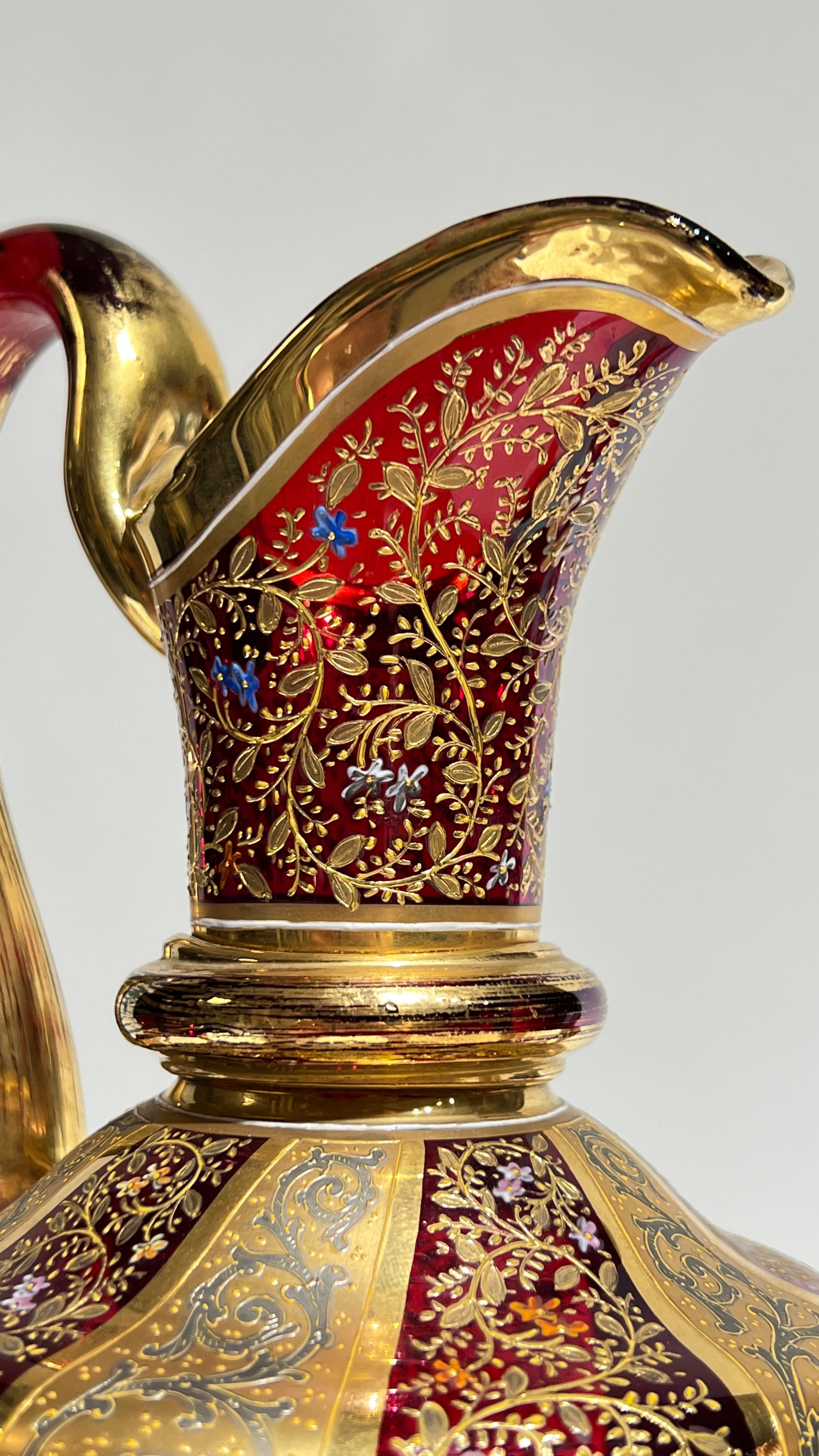 19th Century Moser Gilt and enameled Ruby Red Glass Pitcher and Wine Glass Set 8