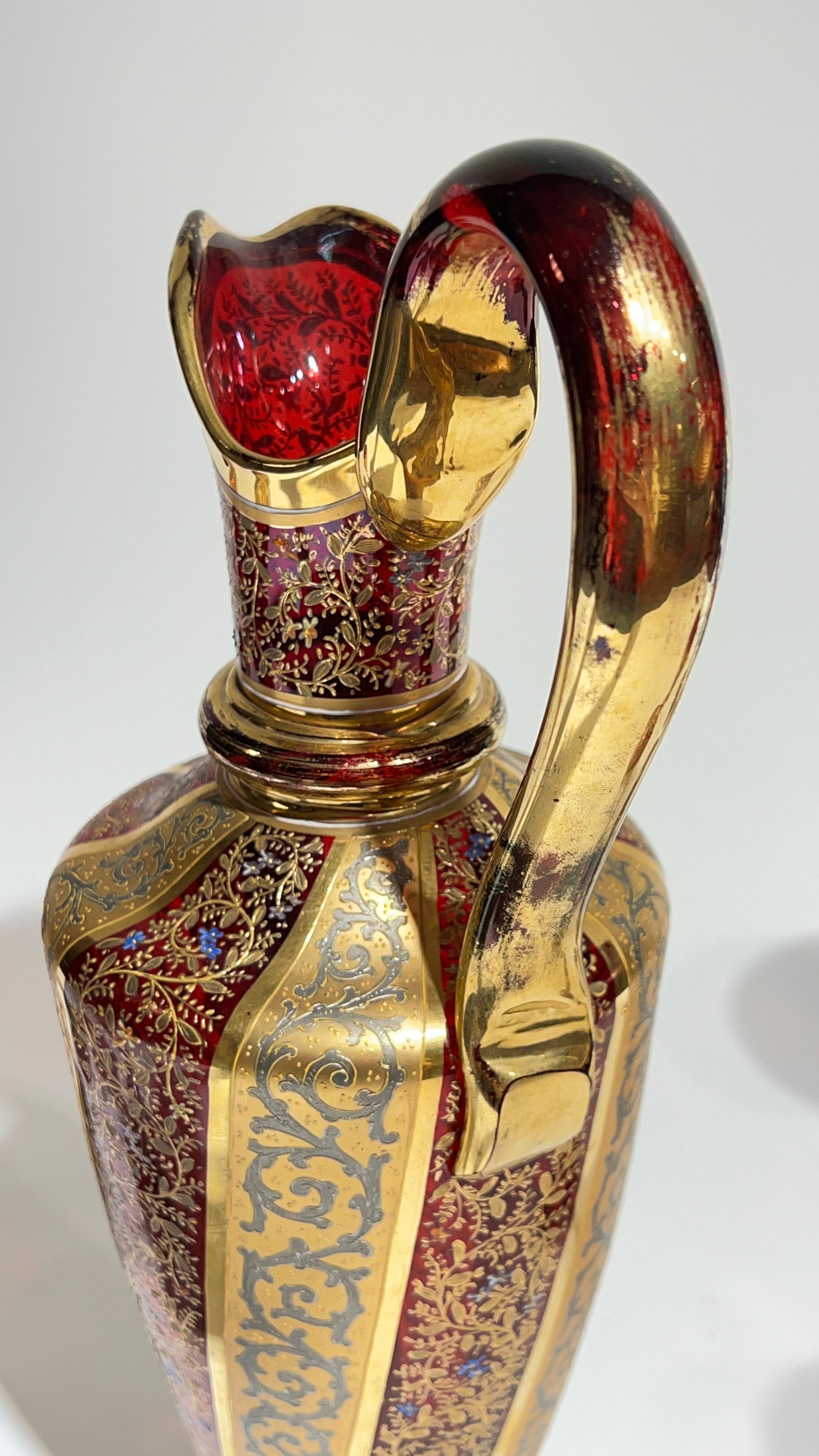 19th Century Moser Gilt and enameled Ruby Red Glass Pitcher and Wine Glass Set 9