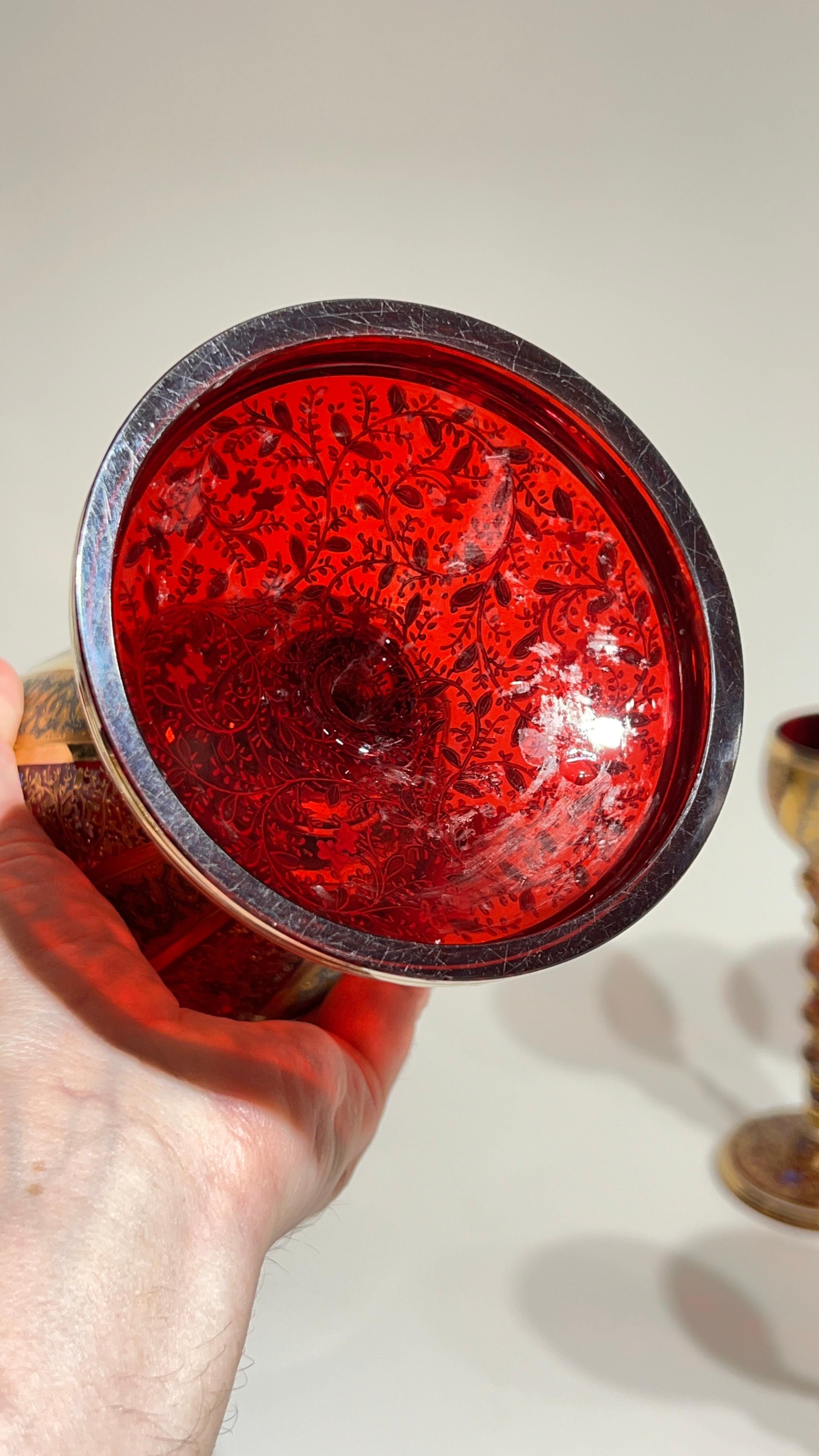 19th Century Moser Gilt and enameled Ruby Red Glass Pitcher and Wine Glass Set 10