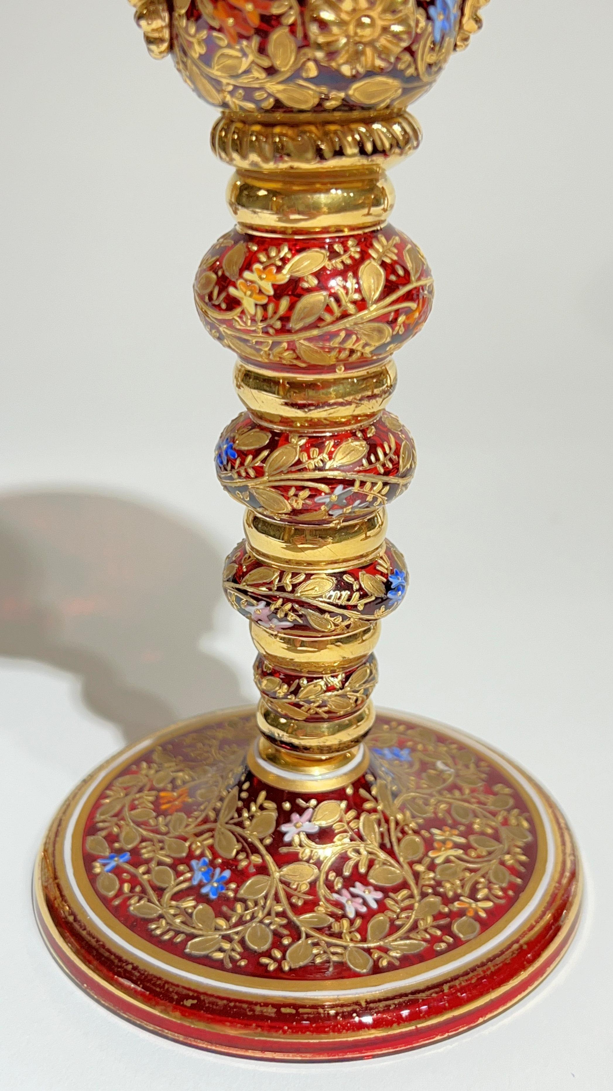 19th Century Moser Gilt and enameled Ruby Red Glass Pitcher and Wine Glass Set 12
