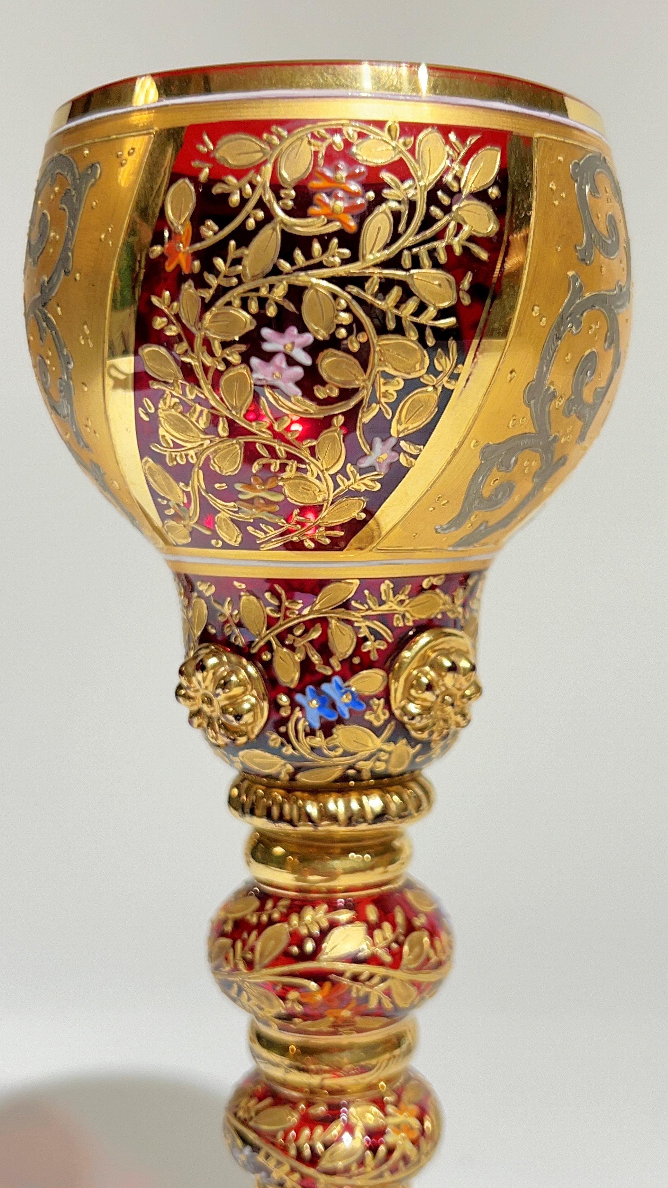19th Century Moser Gilt and enameled Ruby Red Glass Pitcher and Wine Glass Set 13