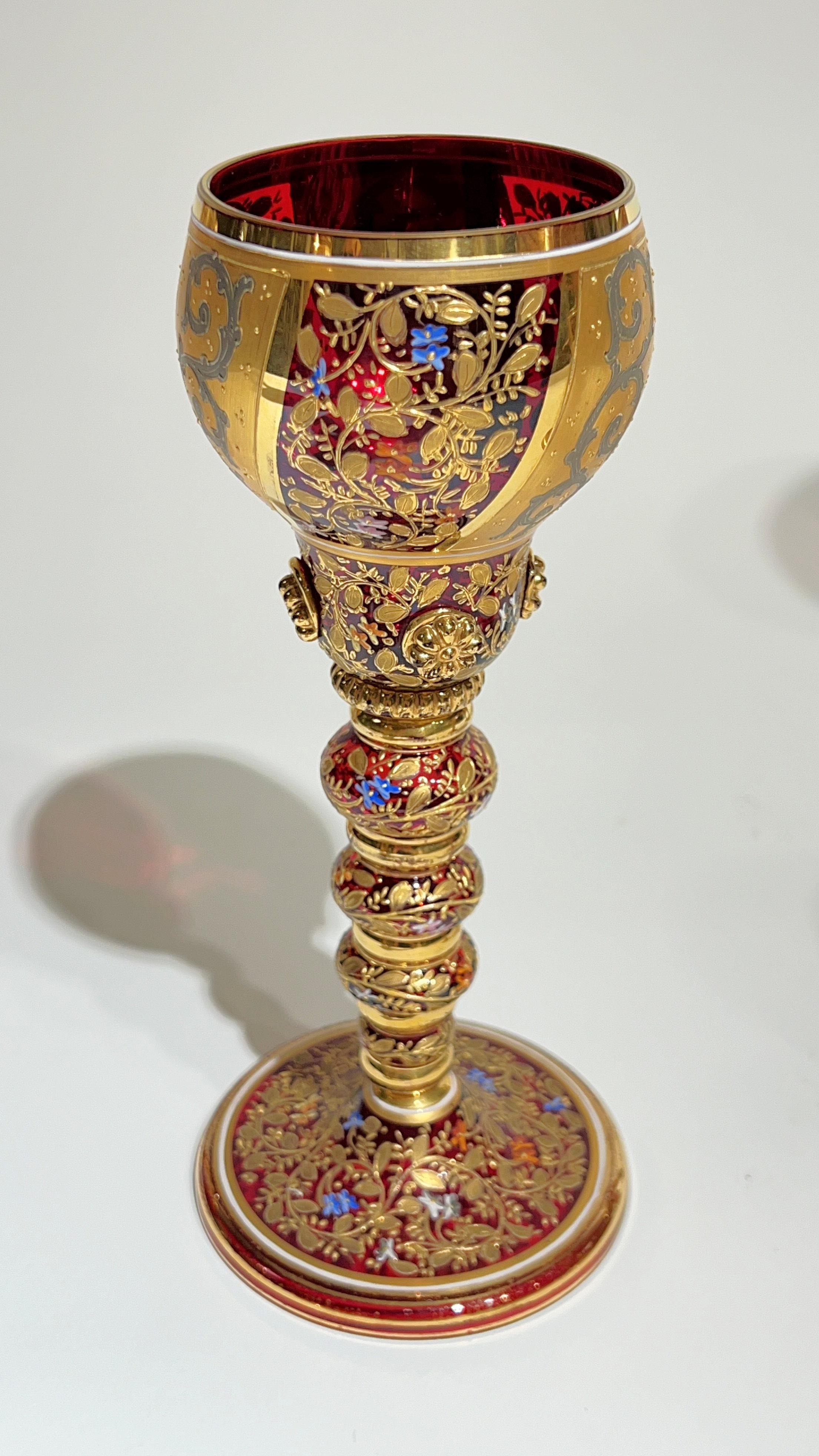 19th Century Moser Gilt and enameled Ruby Red Glass Pitcher and Wine Glass Set 14