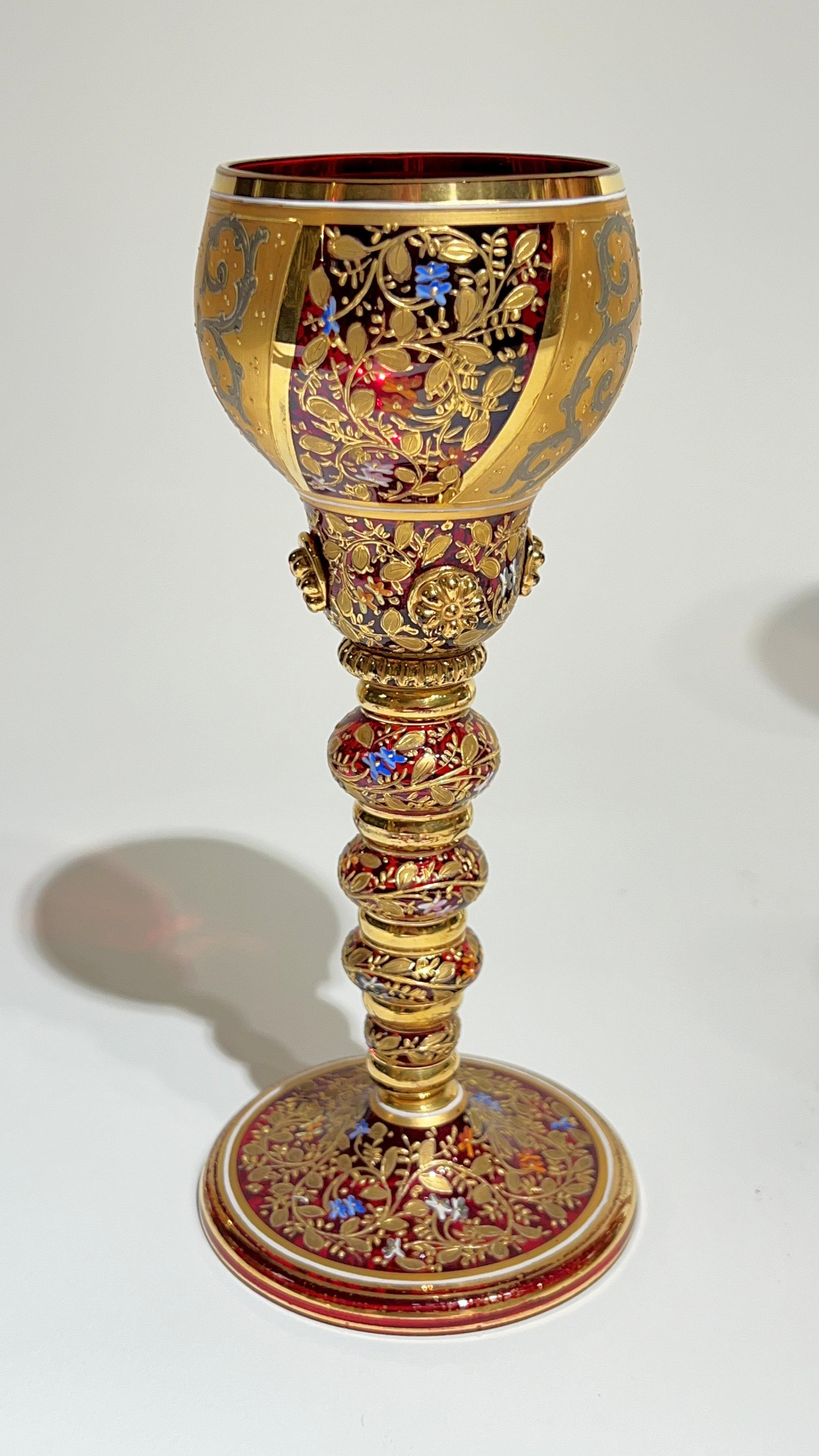 19th Century Moser Gilt and enameled Ruby Red Glass Pitcher and Wine Glass Set 15