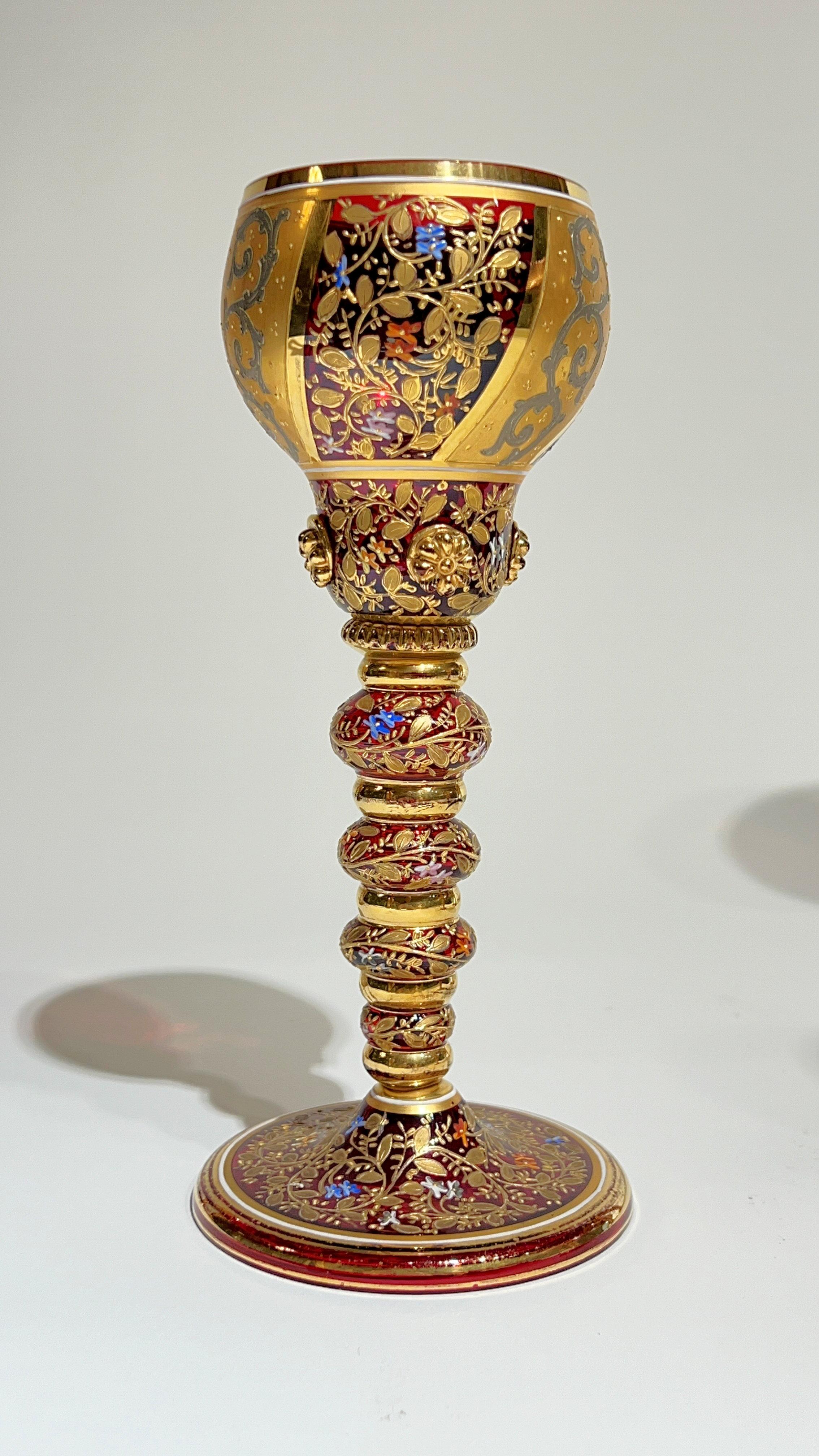 19th Century Moser Gilt and enameled Ruby Red Glass Pitcher and Wine Glass Set 16
